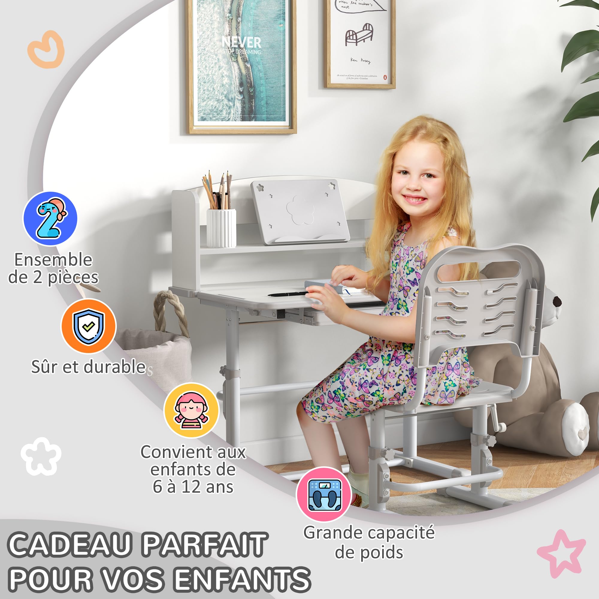 ZONEKIZ Bureau Enfant Avec Chaise en Acier - Hauteur Réglable, Étagère, Tablette Coulissante Multi-Rangement, Inclinable 45° - Gris Blanc