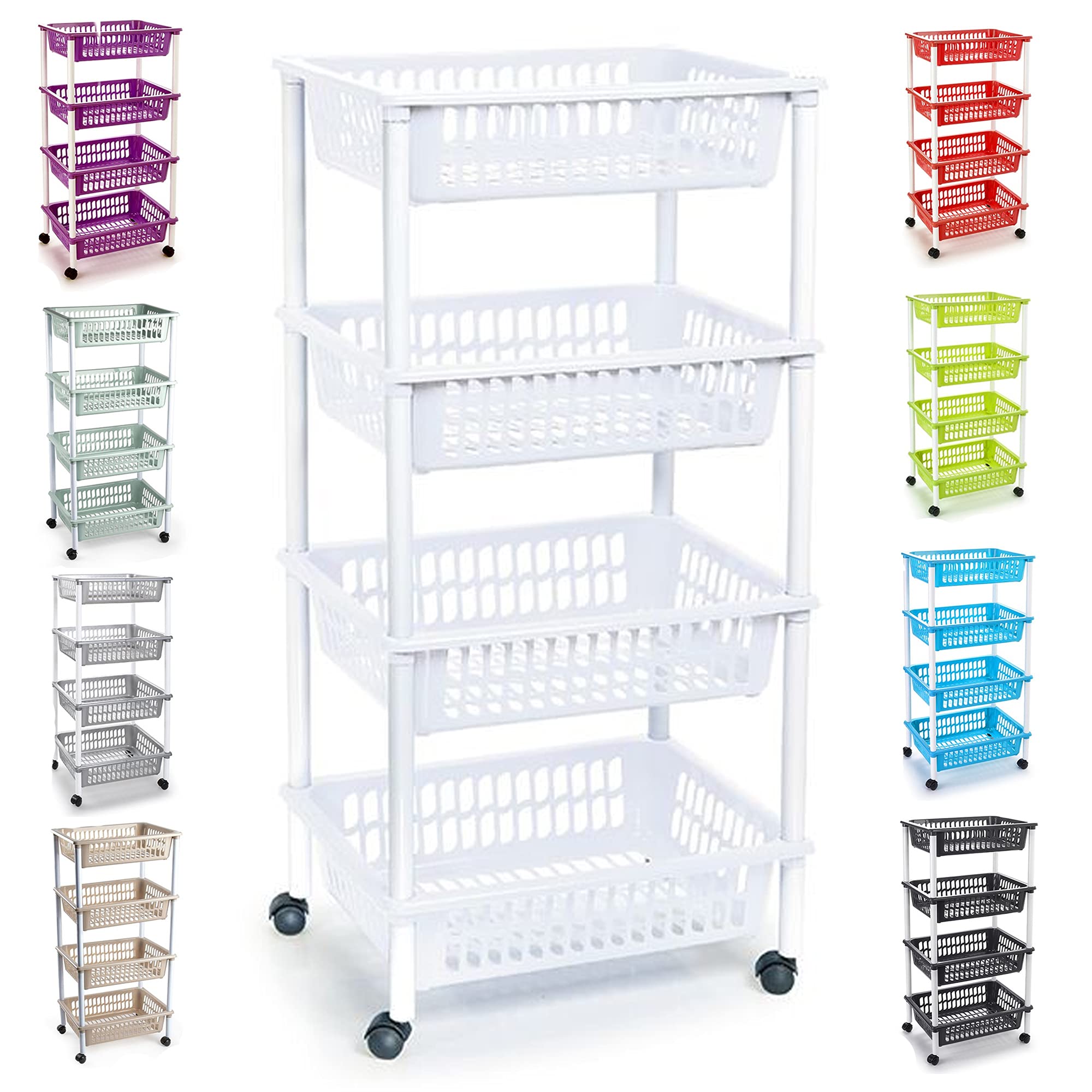 Plastic Storage Trolley Unit With Wheels Utility Vegetable Rack Fruit Basket Kitchen Cart Corner Shelf for Kitchen Bedroom Bathroom Living Room Office (4-tier - White)