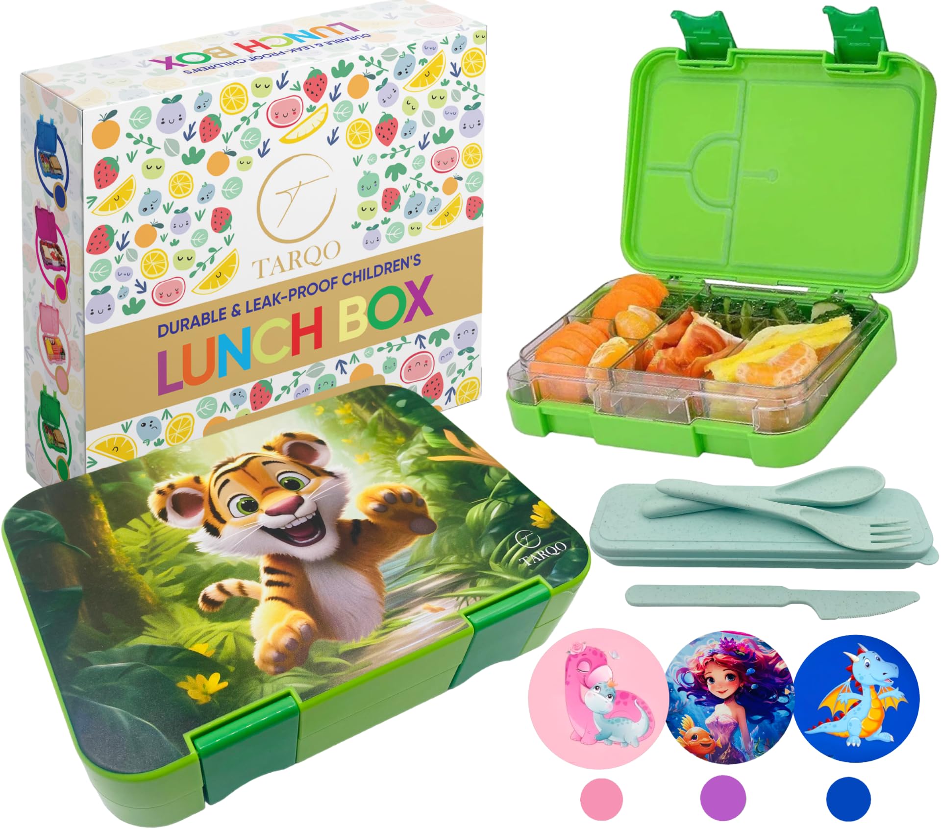 kids Lunch box with cutlery kit box, Bento box for school,kindergarten kid,4/6 Leakproof Tiffin box compartments with Lids, insulated bento Lunch box for toddlers boys,safe and easy to clean (Green)