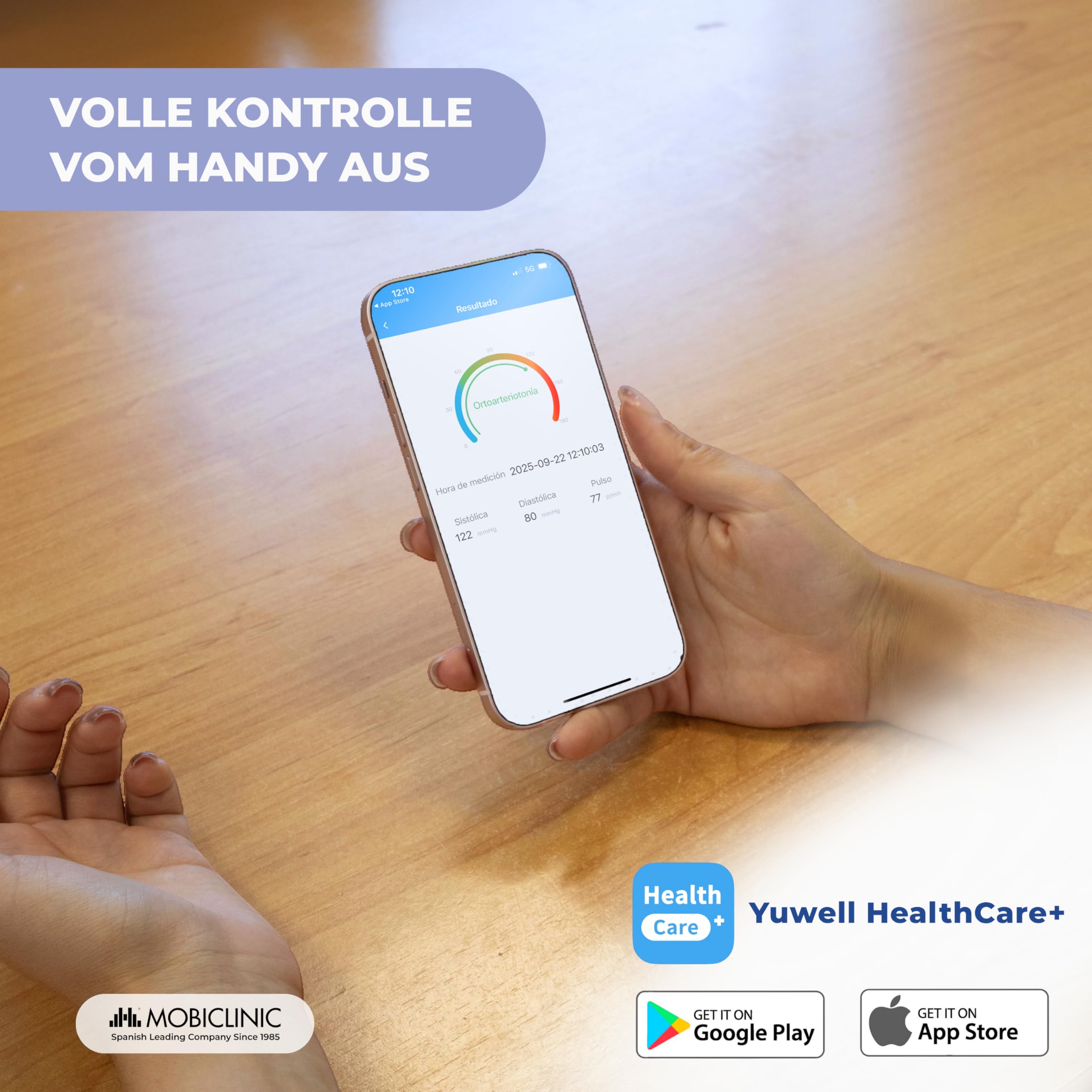 Mobiclinic®, Blutdruckmessgerät, Digital, Bluetooth- und APP-Verbindung, Sprachführung, 50 Speicherplätze, Bewegungserkennung, USB-Aufladung, Präzise, ​​Cardiomed