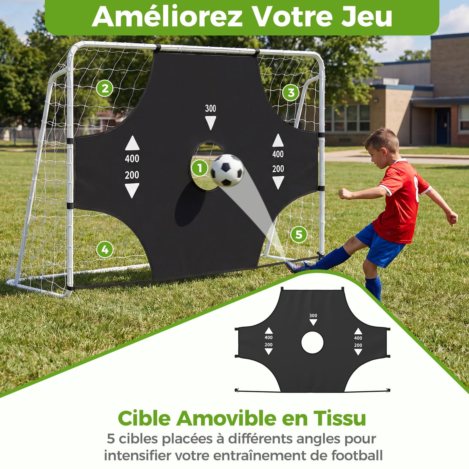 COSTWAY But de Football 2 en 1 de 215 x 152 cm, Cage de Foot avec Toile Cible Amovible 5 Zones de Cible/Filet Piquets, But Foot Portable Intérieur/Extérieur, pour l’Entraînement Précision