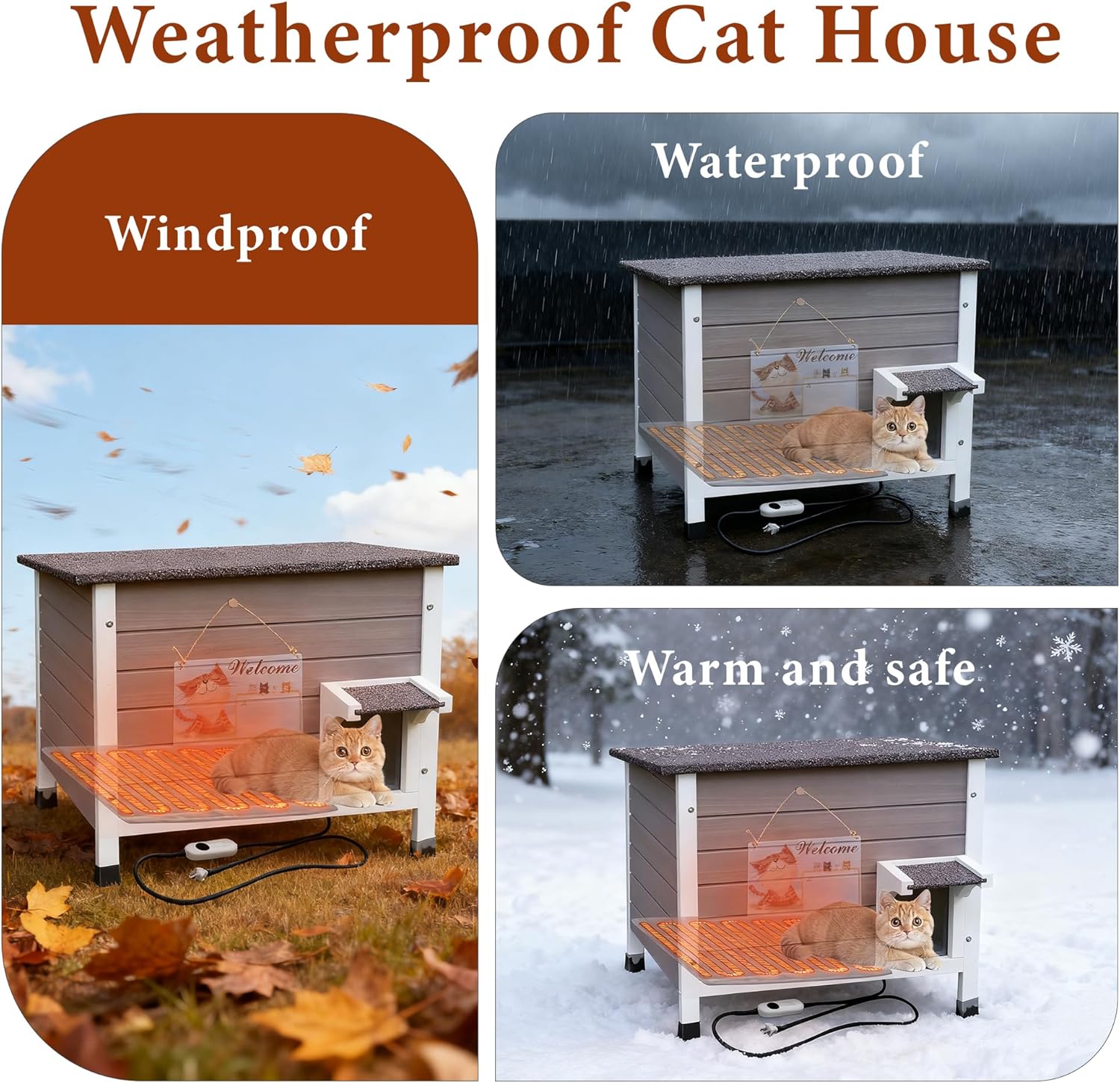 Heated Cat House for Outside with Insulated Foam for Outdoor Cats, Weatherproof Insulated cat House, Wooden Cat Shelter for Multiple Feral Cats