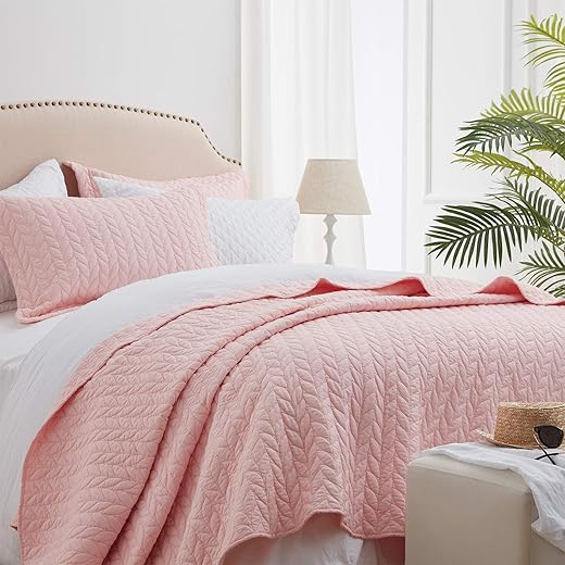 SunStyle Home Quilt Sets Queen Pink Lightweight Bedspread Full Soft Reversible Coverlet for All Season 3pcs Leaf Embroidered Quilted Bedding Sets Blush (1 Quilt 2 Pillow Shams)(90"x96")