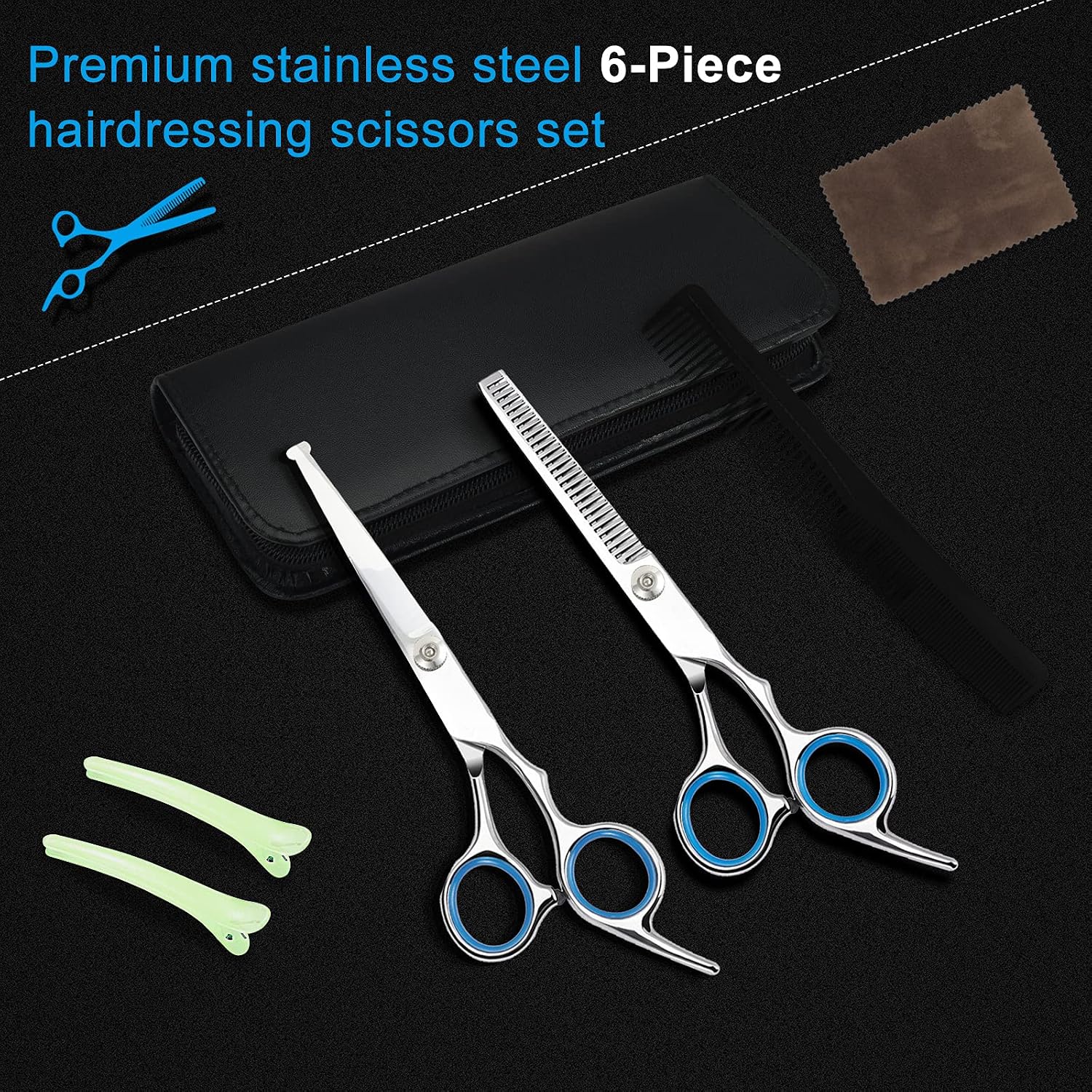 Hair Cutting Scissors Set Hairdressing Scissors Kit,Anti-scratch Safety Scissors,Comb,Clips,Cloth,Leather Case,Professional Barber Salon Home Shear Kit For Baby Men Women Pet (8pcs,Blue)