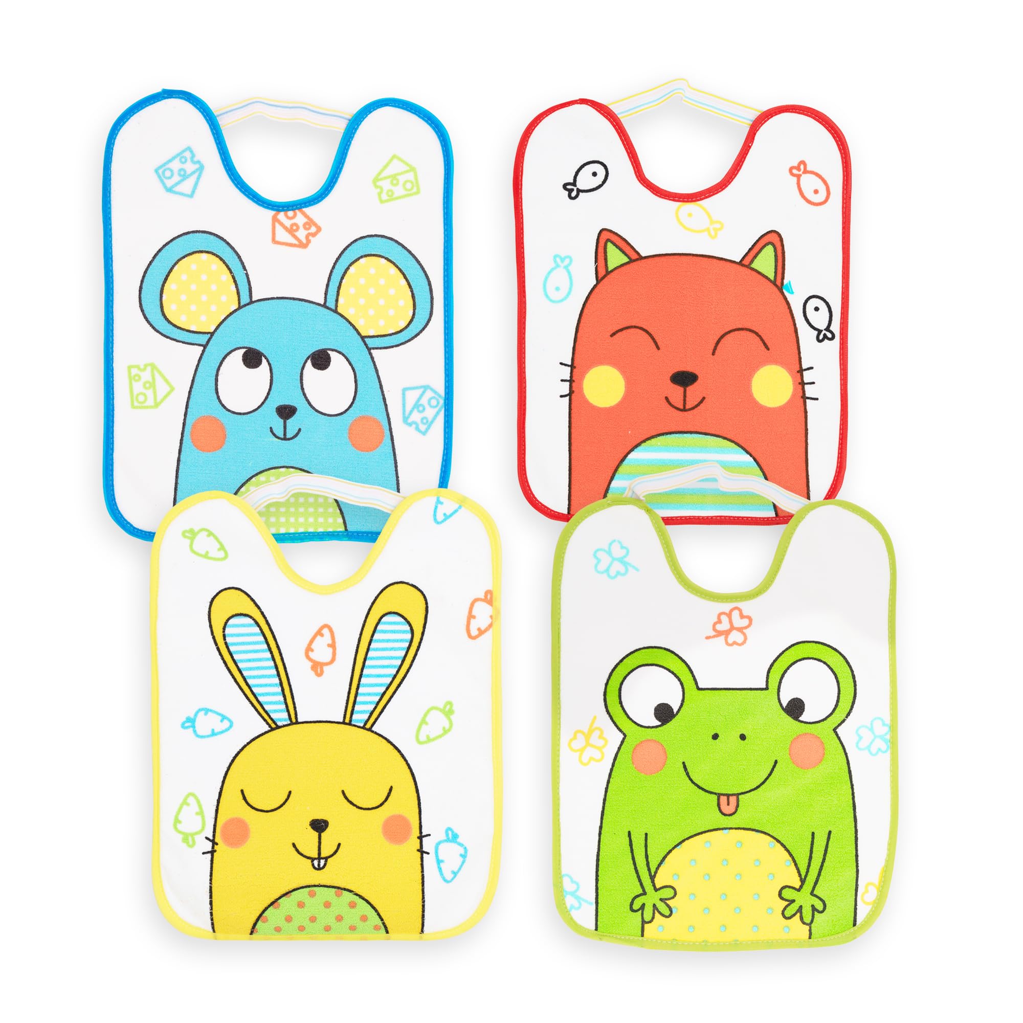 Set di 4 bavaglini per bambini 6-12 mesi microfibra impermeabili 24x31 cm con elastico animali