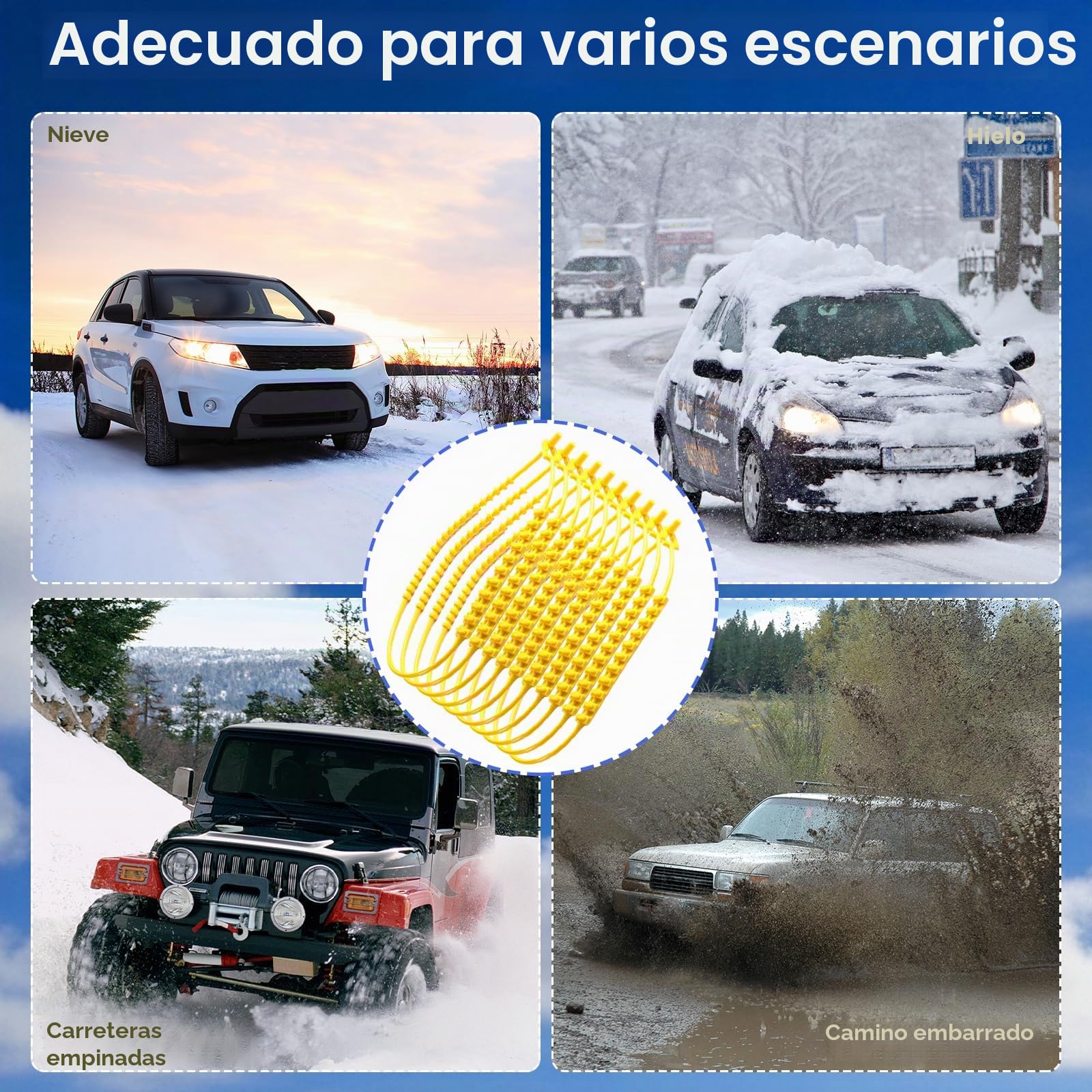 Cadenas de Nieve para Coche 10 PCS Nuevo diseño 2024 Fabricadas con Nylon Mayor Tracción con 11 puntos Antideslizantes Instalación Sencilla sin Herramientas 165mm-265mm