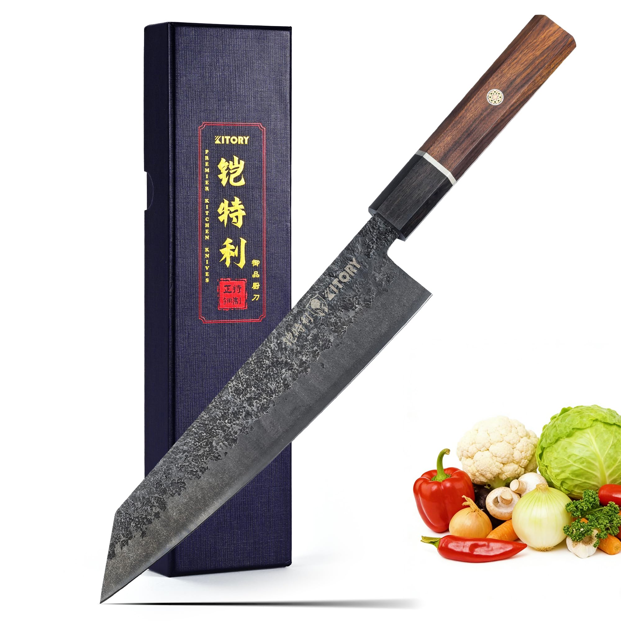 KITORY Japoński Nóż Kiritsuke 20 cm | Profesjonalny nóż kuchenny, Superostrzeostrze, Elegancka rączka z czarnego drewna, Czerwony gumowy kwadrat
