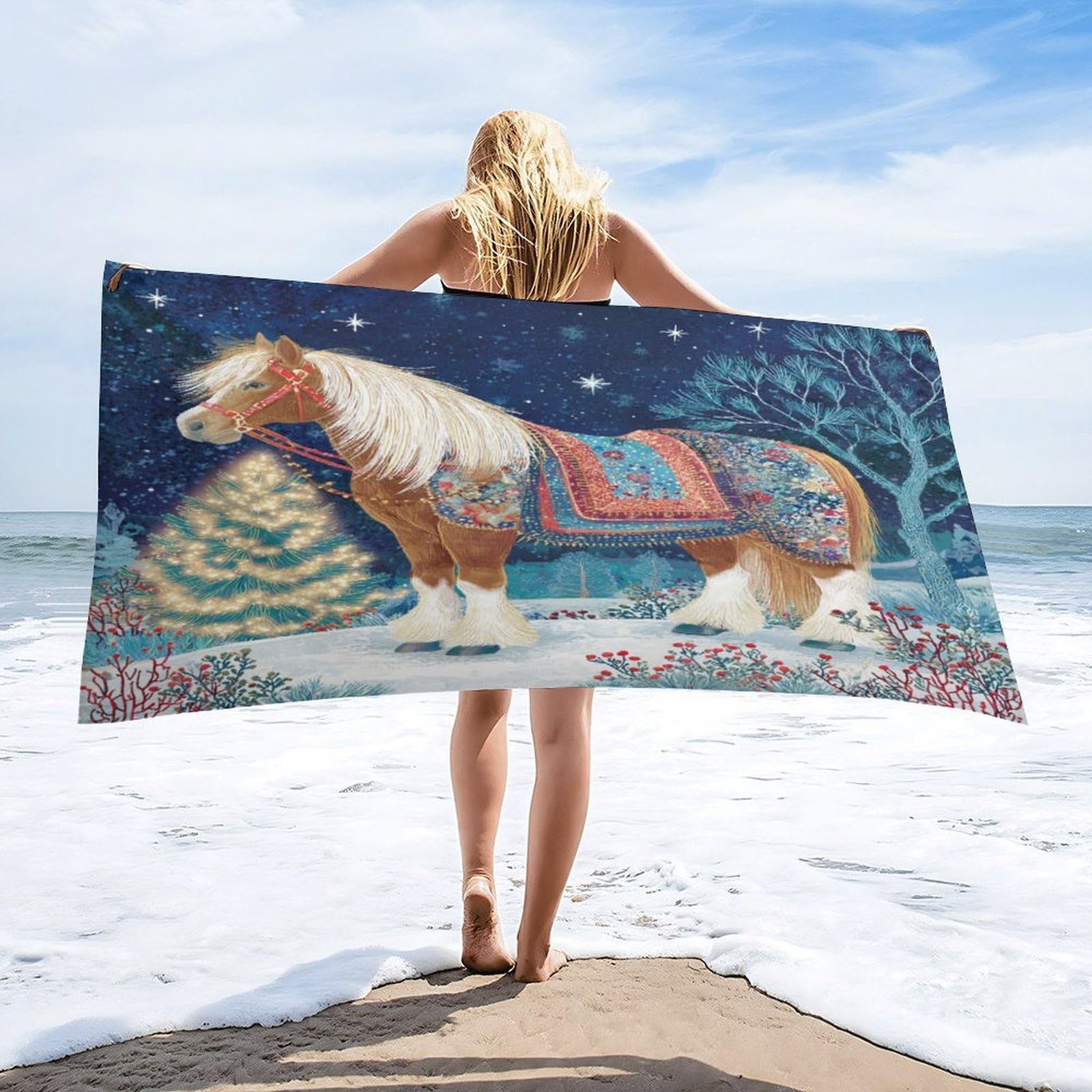Luyysky Vintage Rustic Animal Horse Quick-Drying Beach Towel, Beautiful Galaxy Christmas Xmas Tree Cowboy Theme Wildlife Horse Travel Vacation Single Sided Pile Bathroom Towels-80 W Cm X 160" L Cm