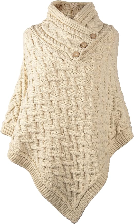 Aran Cable Button Shawl Neck Poncho 