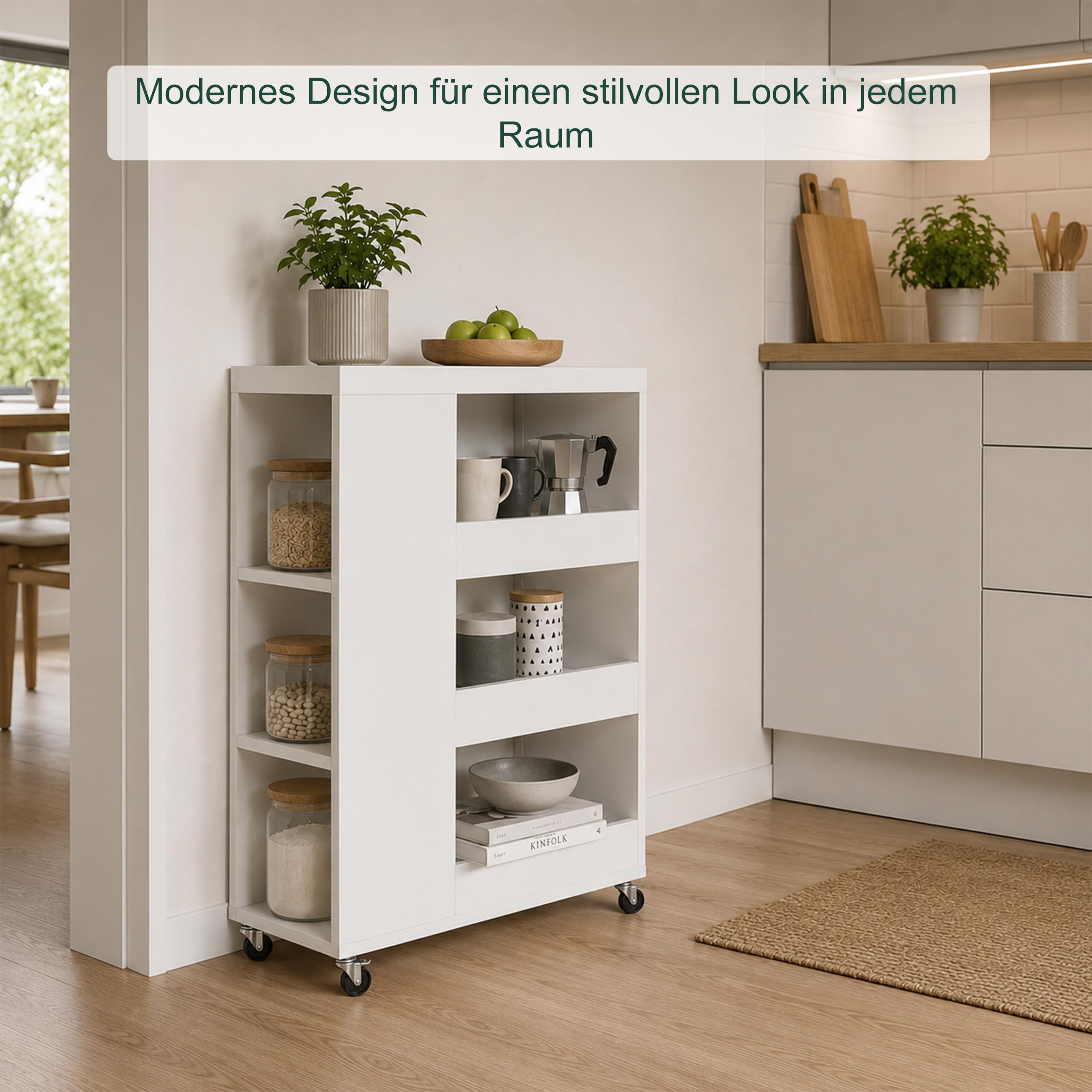 Relaxdays Nischenwagen, HBT: 85 x 18 x 60 cm, schmales Nischenregal Bad & Küche, 4 Ebenen, Rollregal Holzoptik, weiß