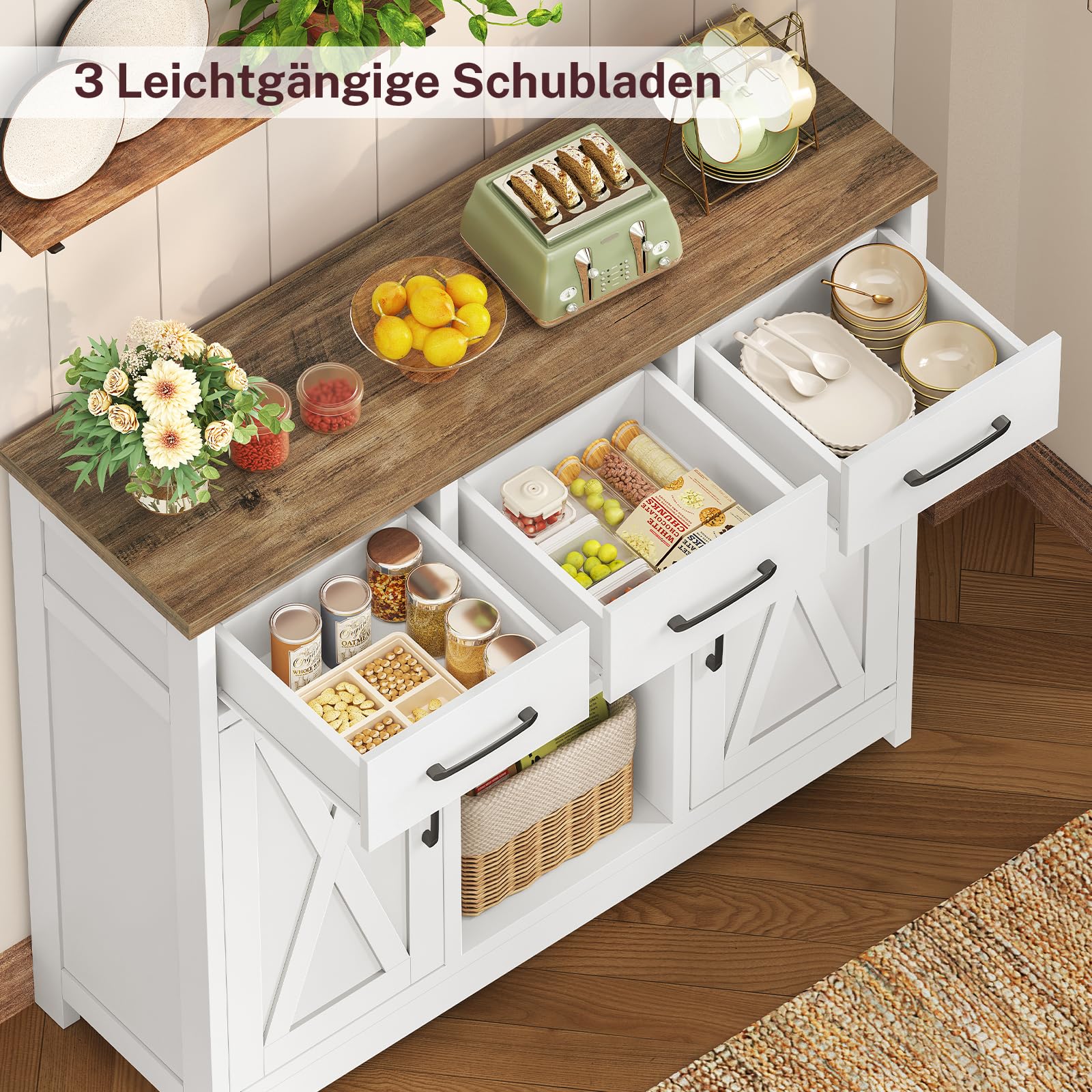 TEENFON Sideboard mit 2 Schränken, Sideboard Küchenschrank mit Arbeitsplatte, Buffetschrank mit 3 Schubladen & Verstellbaren Regalen, Küchenzeile für Küche, Wohnzimmer & Flur - 90 x 30 x 80 cm - Weiß