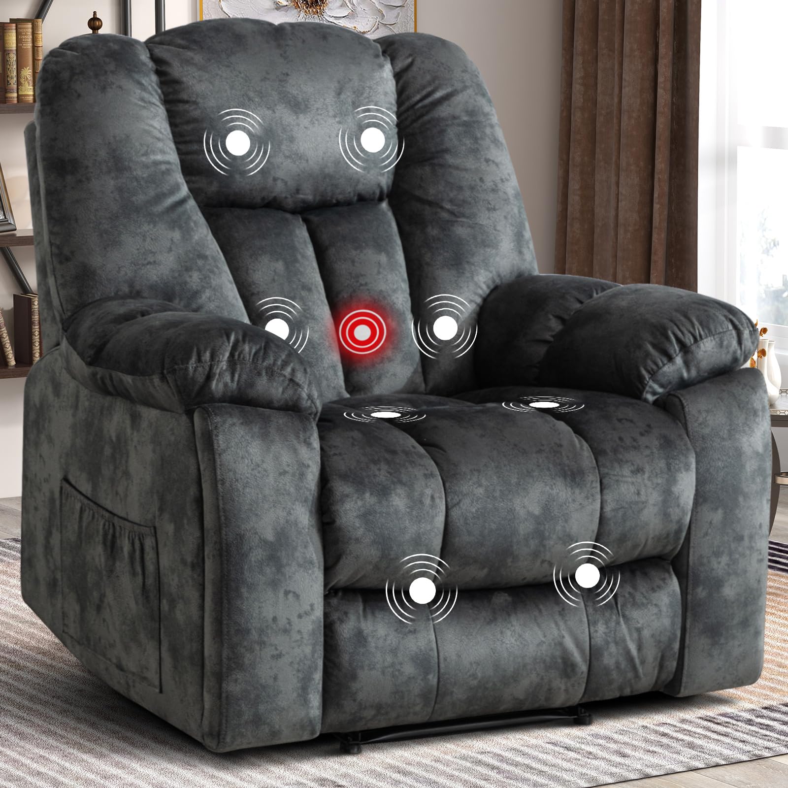 CANMOV Manual Recliner Chair-Oversized Reclining Chair for Adults Elderly Massage Heated Recliners with Cup Holder Side Pocket Living Room Bedroom blue