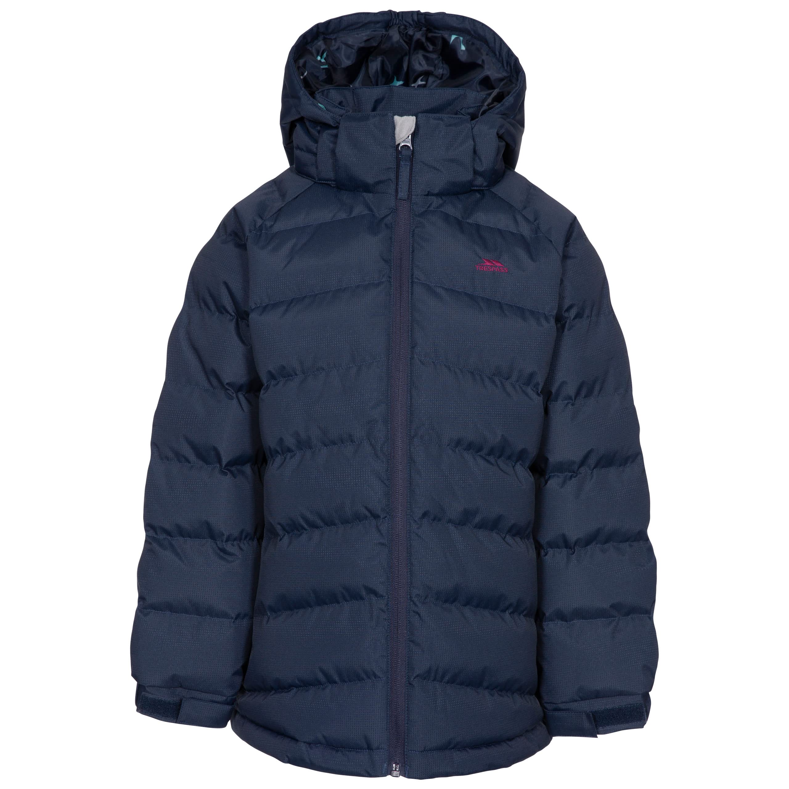 Trespass Girls Navy Padded Jacket Amira - Windproof, Water Resistant, Hooded, Printed Lining, 2 Pockets, Quilted, Adjustable Cuffs, Contrast Zipper, Detachable Hood