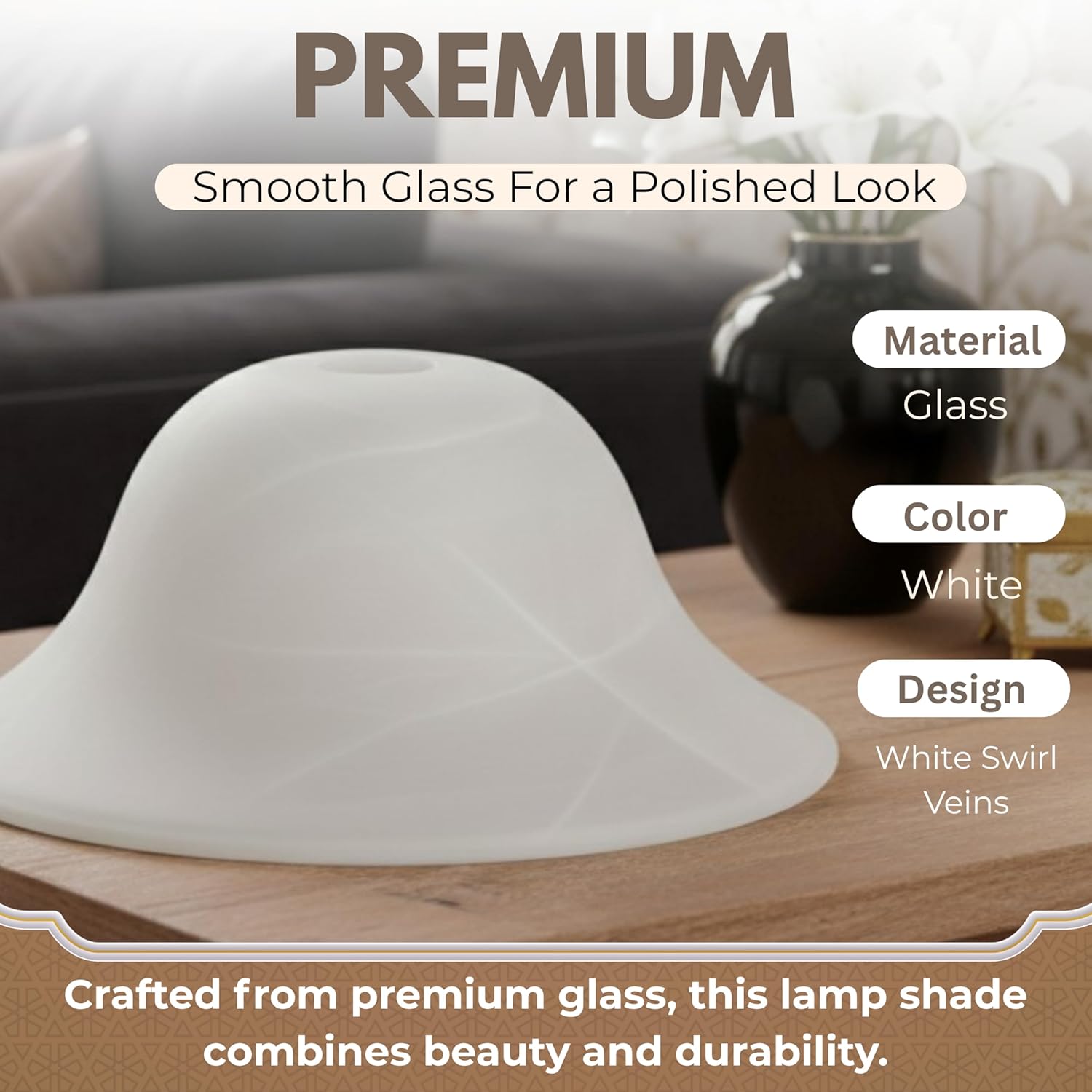 Close-up of the LightAccents White Glass Floor Lamp Shade, highlighting its smooth glass and white swirl vein design.