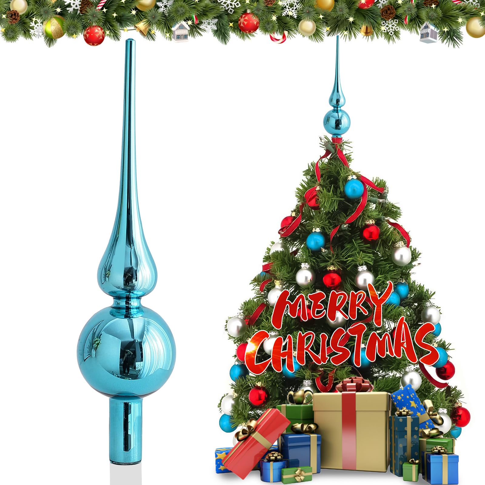 JOYUE Weihnachtsbaumspitze Glas Matt Christbaumspitze Blau 26 cm Christbaumschmuck Spitze, Weihnachtsdeko Baumspitze Blau Christmas Tree Topper, Weihnachtsbaum Stern Spitze (Blau)
