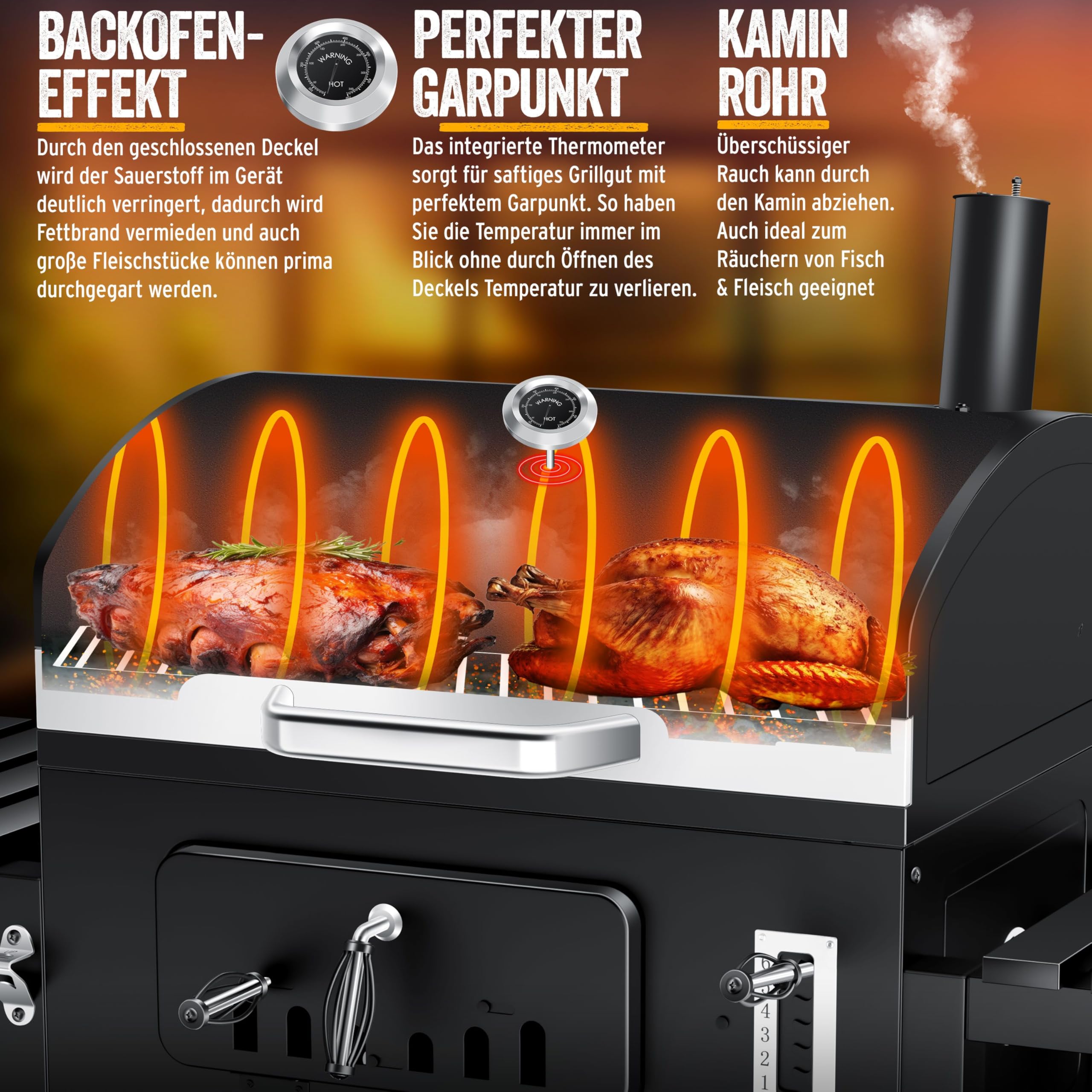 KESSER® Parilla de Carbón con Carrito Grill con Tapa, Ruedas, Mango de Acero Inoxidable | Barbacoa y Termómetro Carbón Grande BBQ Asador Camping, Terraza, Jardín XXL Negro