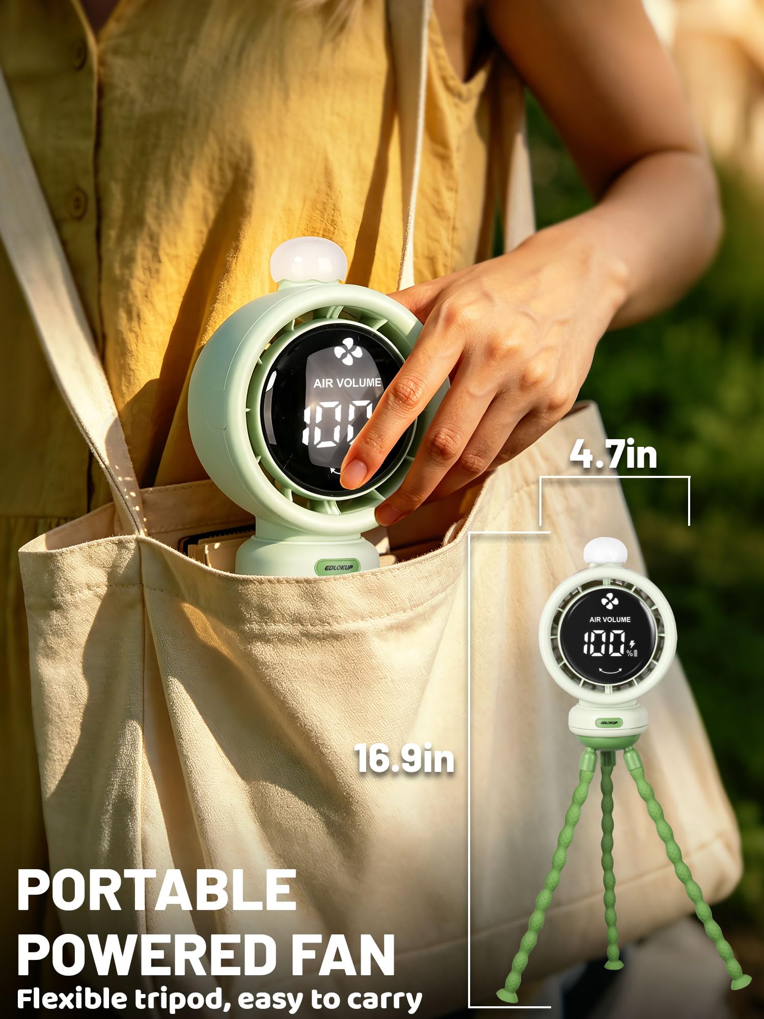 Mini ventilatore portatile per passeggino, oscillazione automatica, velocità continua, display, luce notturna a LED con clip sui ventilatori, accessori per passeggini alimentati a batteria, verde