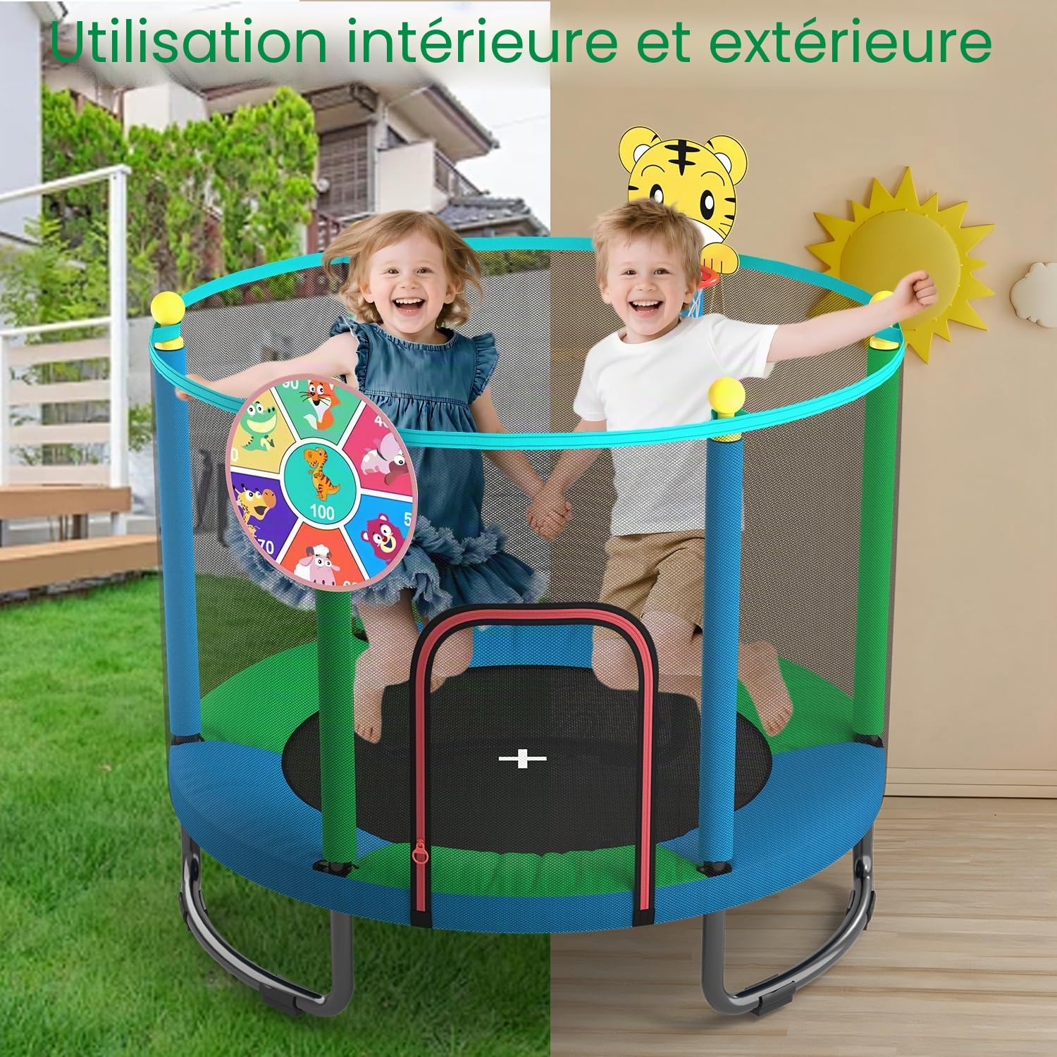 Trampoline pour Enfants 150 cm intérieur/extérieur – avec Filet de sécurité, Panier de Basket et Accessoires de Jeu. Cadeau d'anniversaire et de Noël pour garçons et Filles