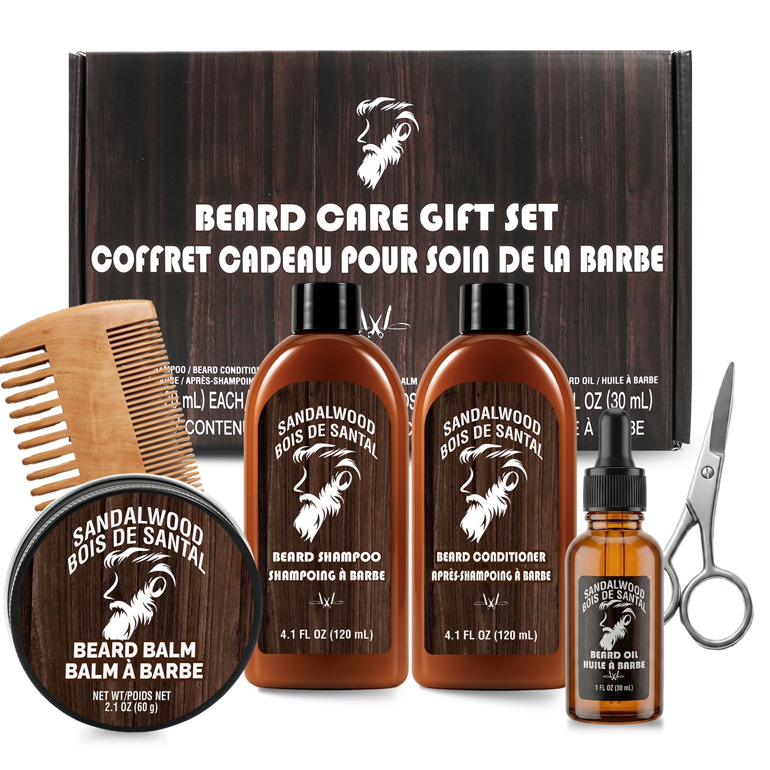 Rinse & Robust Beard Care Kit for Men, 6 PCS Sandalwood Scent Boyfriend Birthday Gifts for Him, Beard Shampoo, Conditioner, Oil, Balm, Scissors & Comb