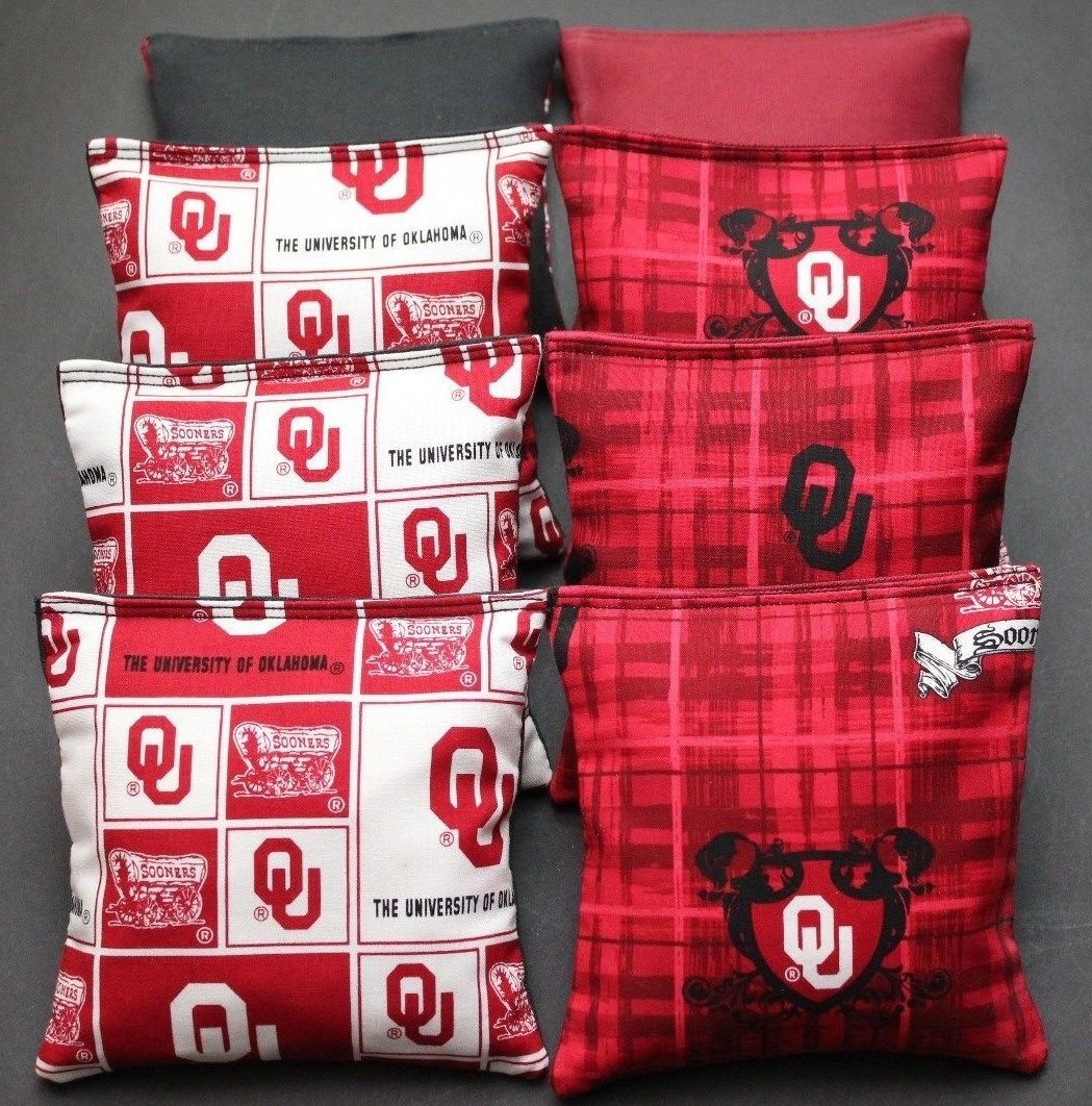 Cornhole Bean Bags Made w Oklahoma Sooners Fabric 8 ACA Regulation OU Toss Bags