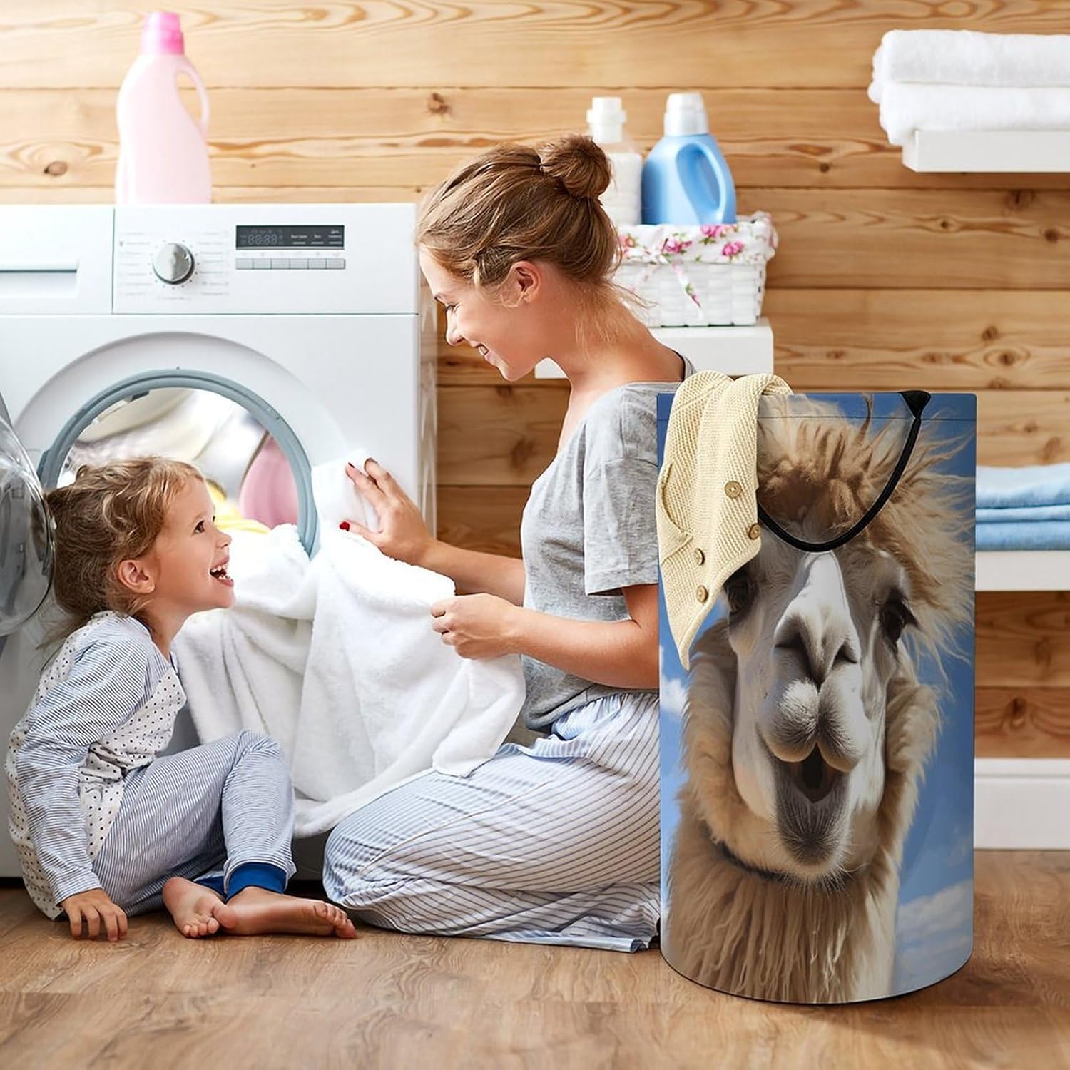 Funny Alpaca Llama Laundry Hamper with Handles Waterproof Collapsible Laundry Basket Large Lightweight Round Dirty Clothes Hamper for Home Dorm Bathroom Decor