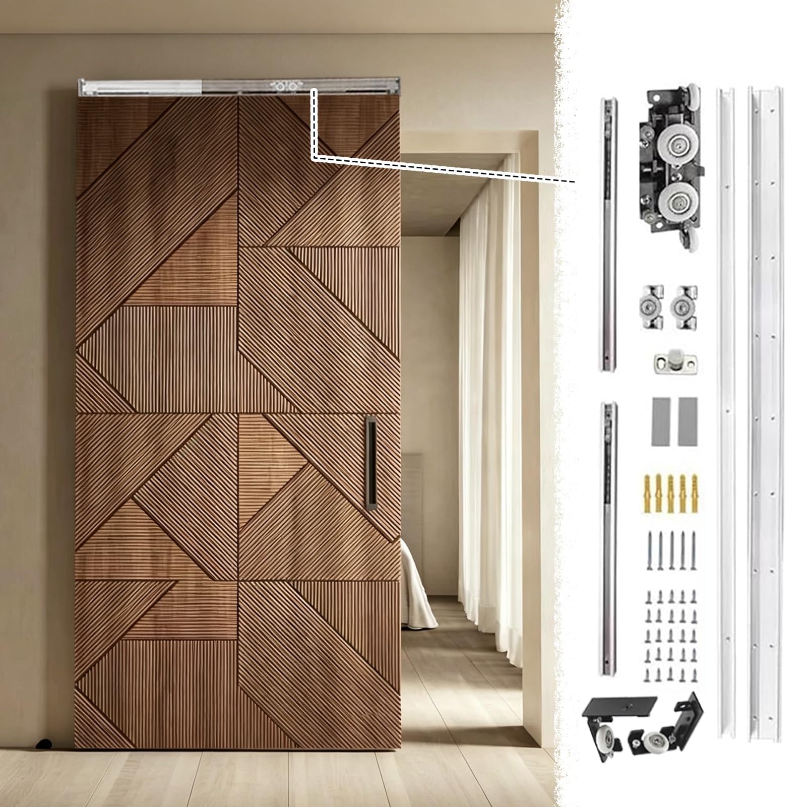 Herrajes Puertas Correderas Riel para Puerta Corredera de Madera sin Rieles Visibles, Kit Herrajes Puerta Invisible Empotrada Montaje Pared, Guías Ocultas Puertas Armario | 87cm/34.3in