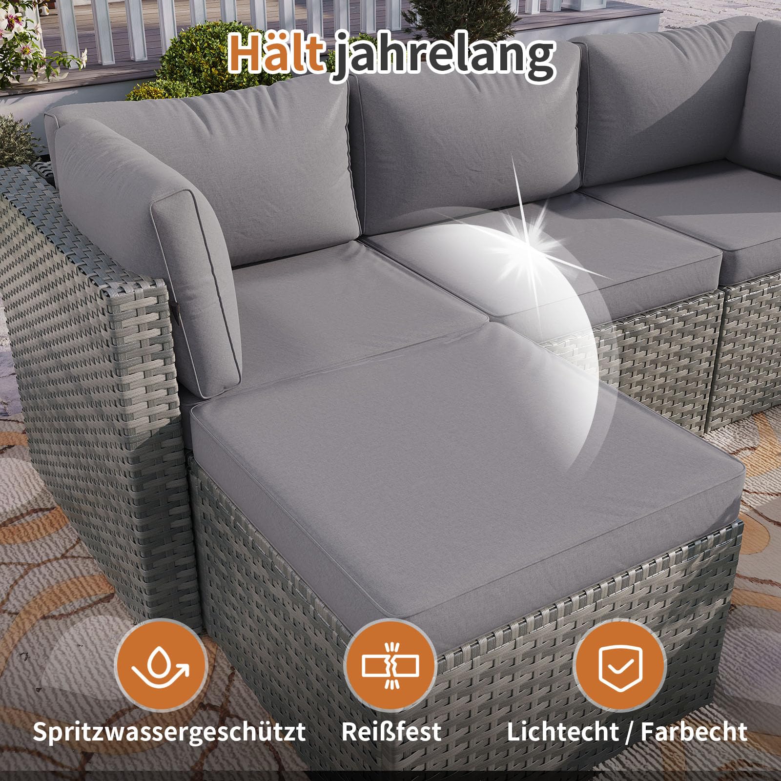 Aoxun Gartenmöbel Set Polyrattan 3-teilig mit 7,5cm dicken Kissen & Glas-Couchtisch, wetterfeste Gartenlounge Outdoor mit extra Langer 196cm Sitzbank, Stabiler Balkon Terrassen Außenmöbel Satz (Grau)