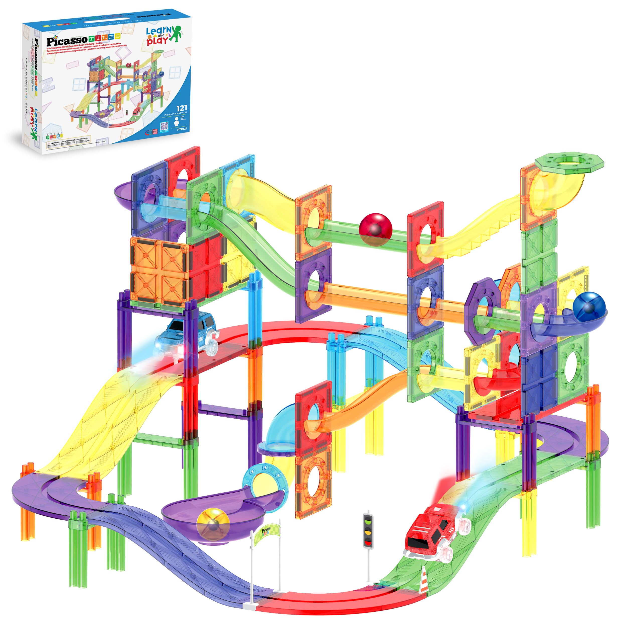 Amazon.com: PicassoTiles 121pc Magnetic Tile Race Track Marble Run