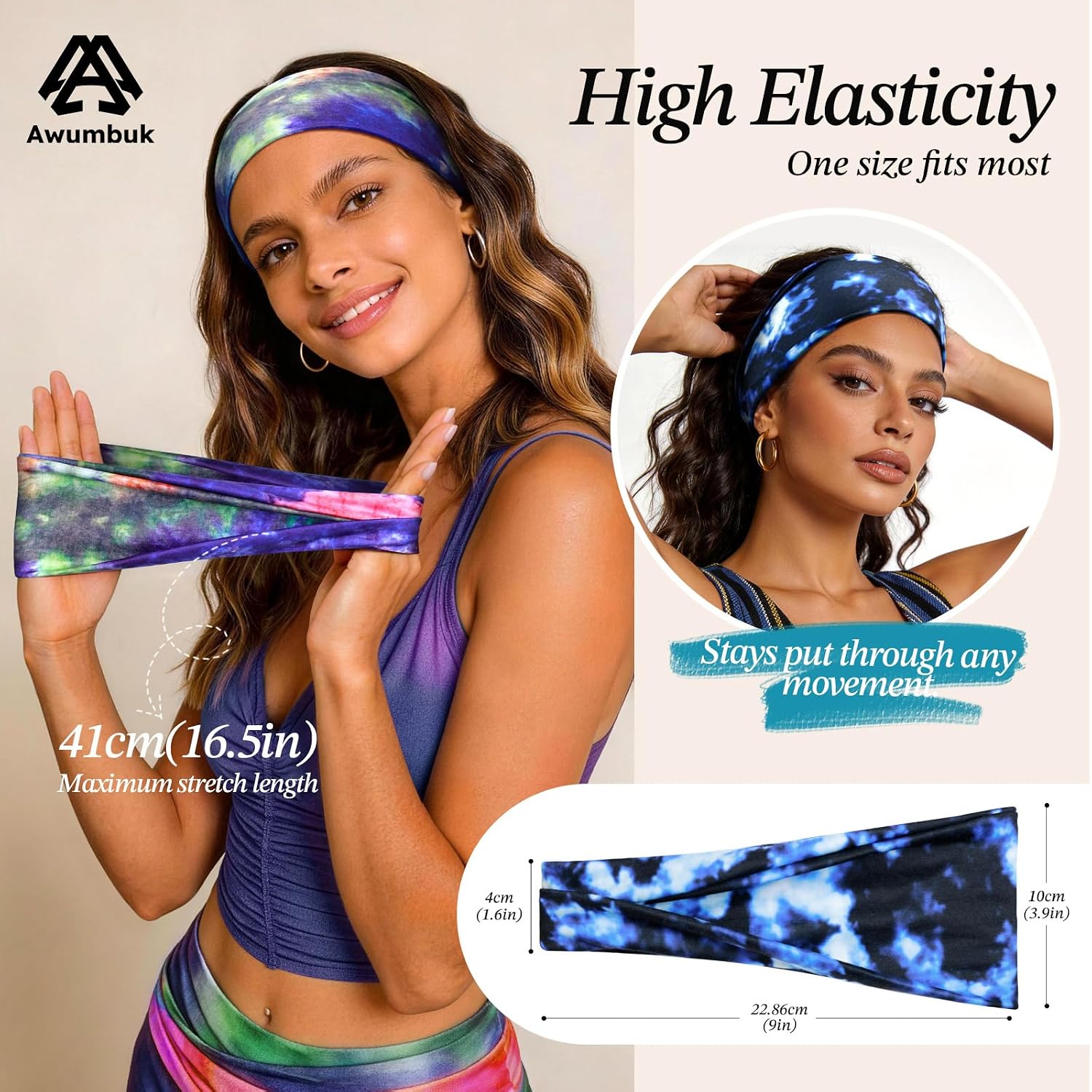 Awumbuk Headbands for Women, 8 Pack Non-Slip Moisture Wicking Sports Wide Head Bands, Stretchy Elastic Fabric, Multiple Colors Securing Hair for Fashion, Sports, Yoga, Running (Cyber Vibes Tie Dye)