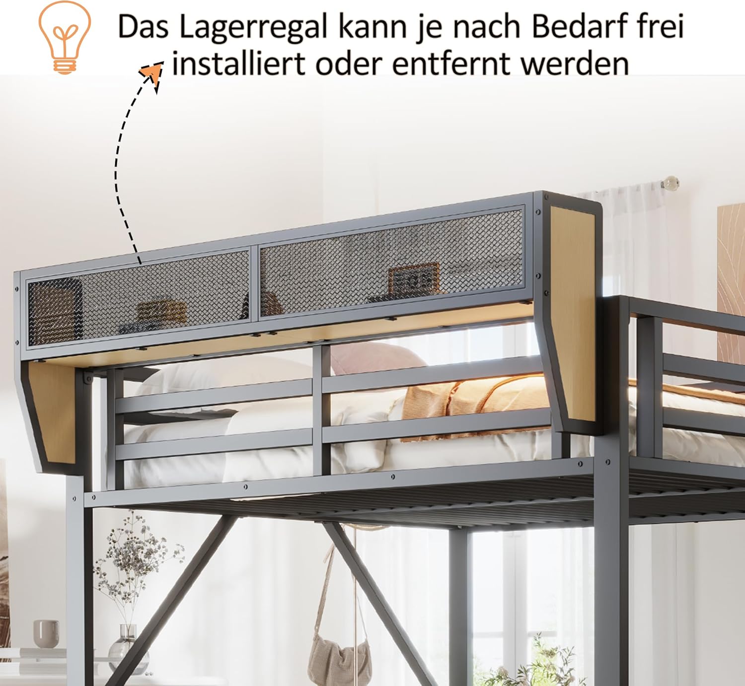 Close-up of the Merax Metal Loft Bed's upper storage shelf, showing its mesh design and wooden accents.