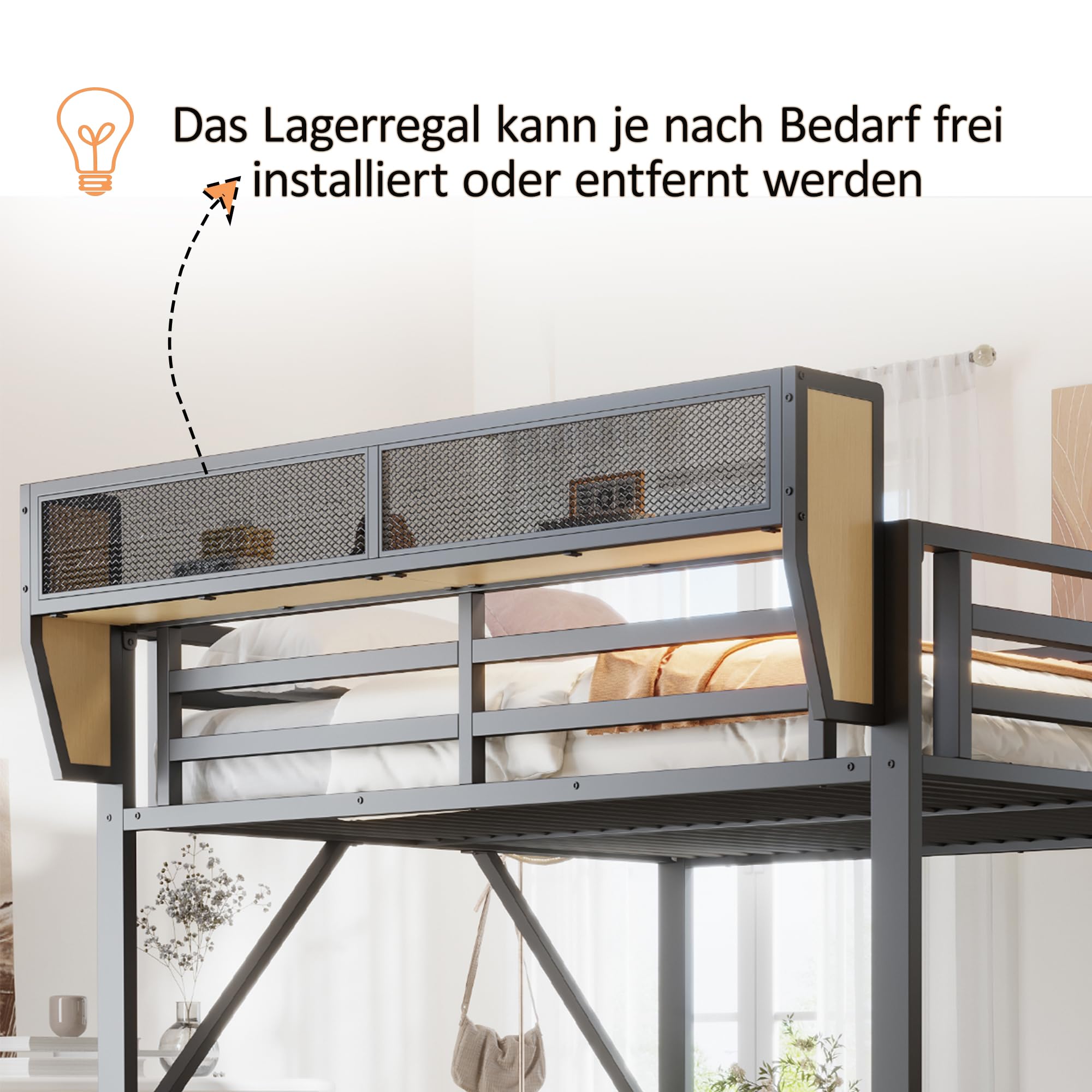 Merax Hochbett 140 x 200 cm aus Metall, mit sicherer Leiter, herausnehmbarem Aufbewahrungsregal, Hochbett für Erwachsene/Kinder, Schwarz (ohne Matratze)