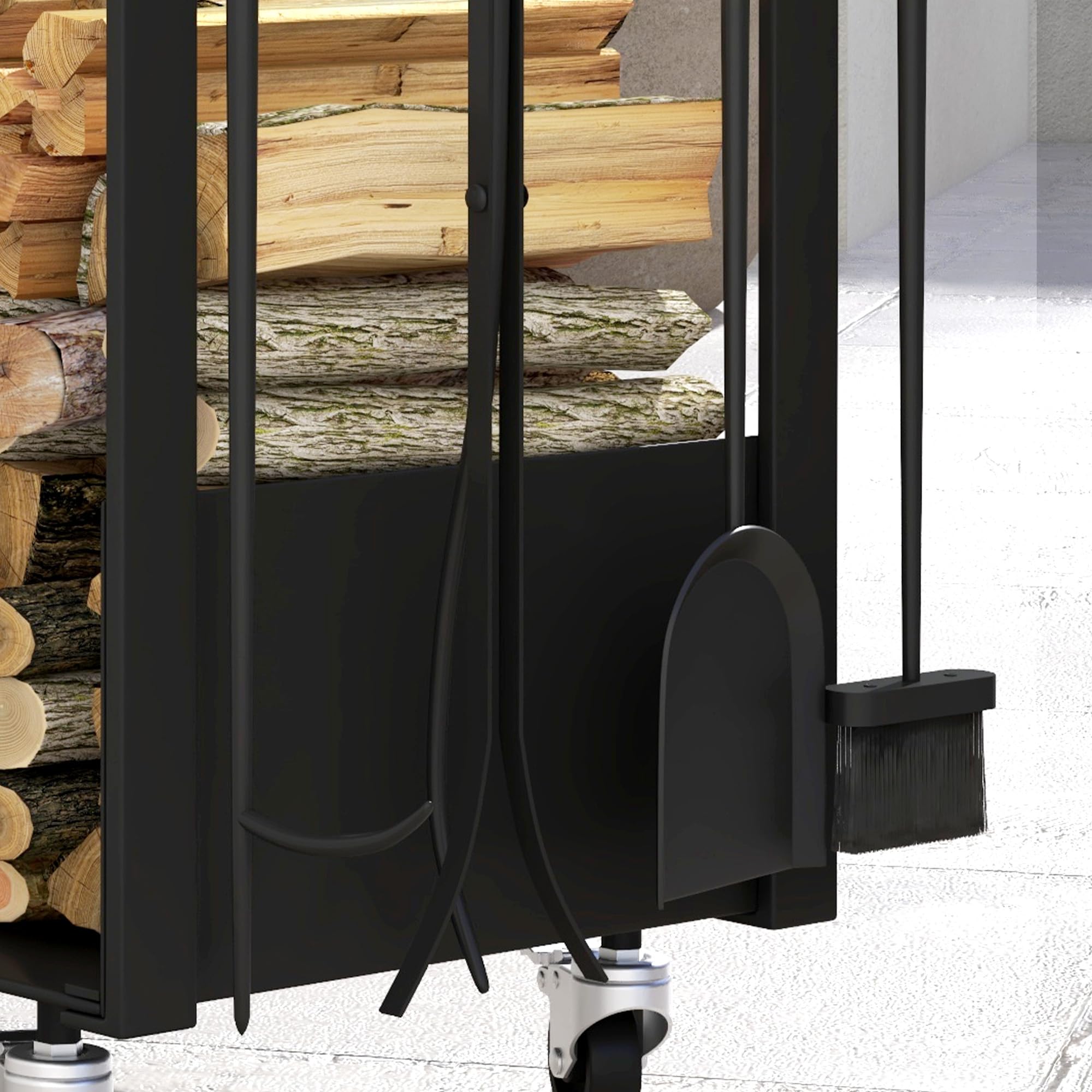 Outsunny Soporte para Leña con Ruedas Estante de Leña Metálico Leñero de Exterior con Pala Escoba Atizador y Tenazas 48x30x76 cm Negro