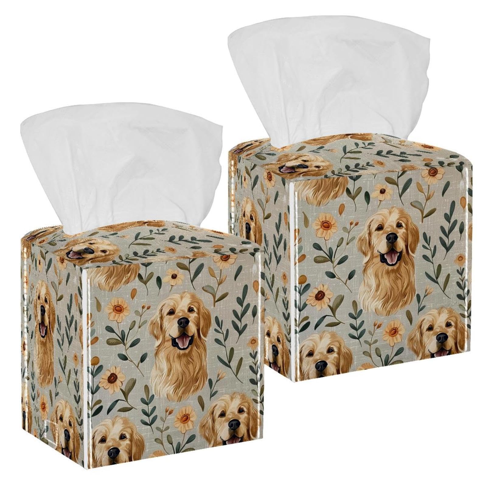 Golden Retriever Printing Tissue Box Cover, 2 Pack PU Leather Square Facial Tissue Dispenser Box holder for Home Office Car