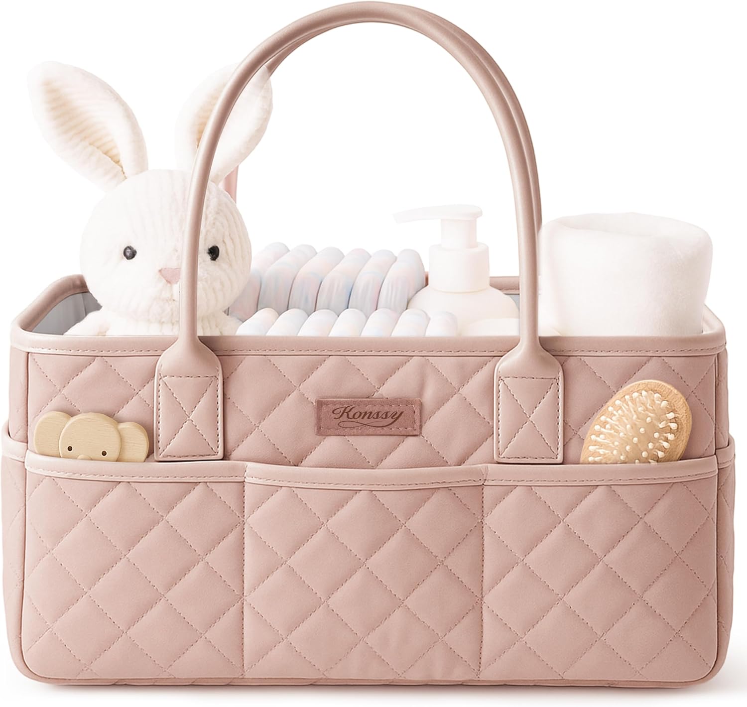 Konssy Quilted Diaper Caddy Organizer, Diaper Caddy Basket with PU Leather Handles, Water-Repellent Nursery Storage Basket, Portable Car Organizer, Registry Search Must Haves (Blush Pink)