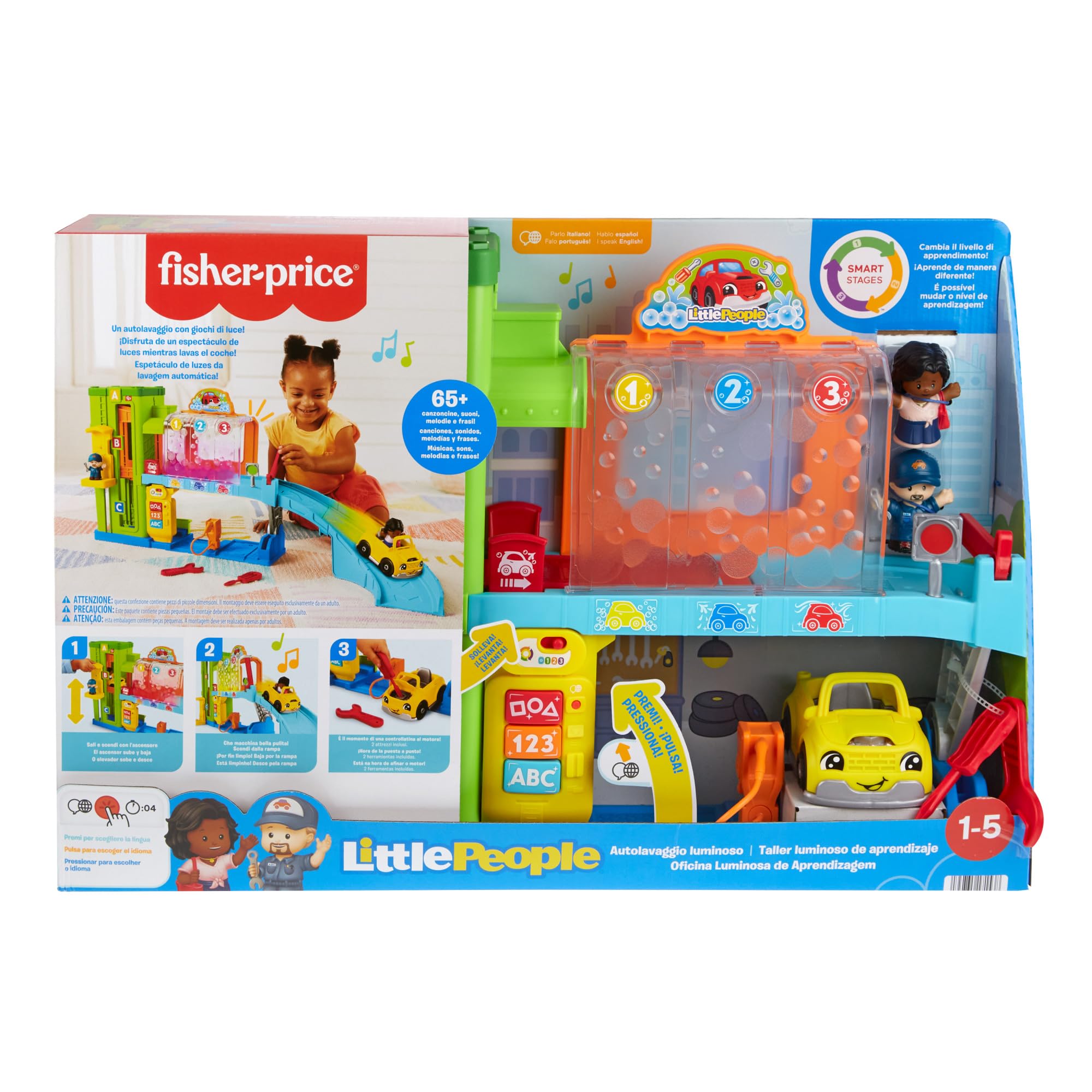 Fisher-Price Little People - Autolavaggio, playset interattivo con rampa per le auto, luci e musica, contenuti Smart Stages, versione multilingua, giocattolo per bambini, 1-5 anni, HYH57
