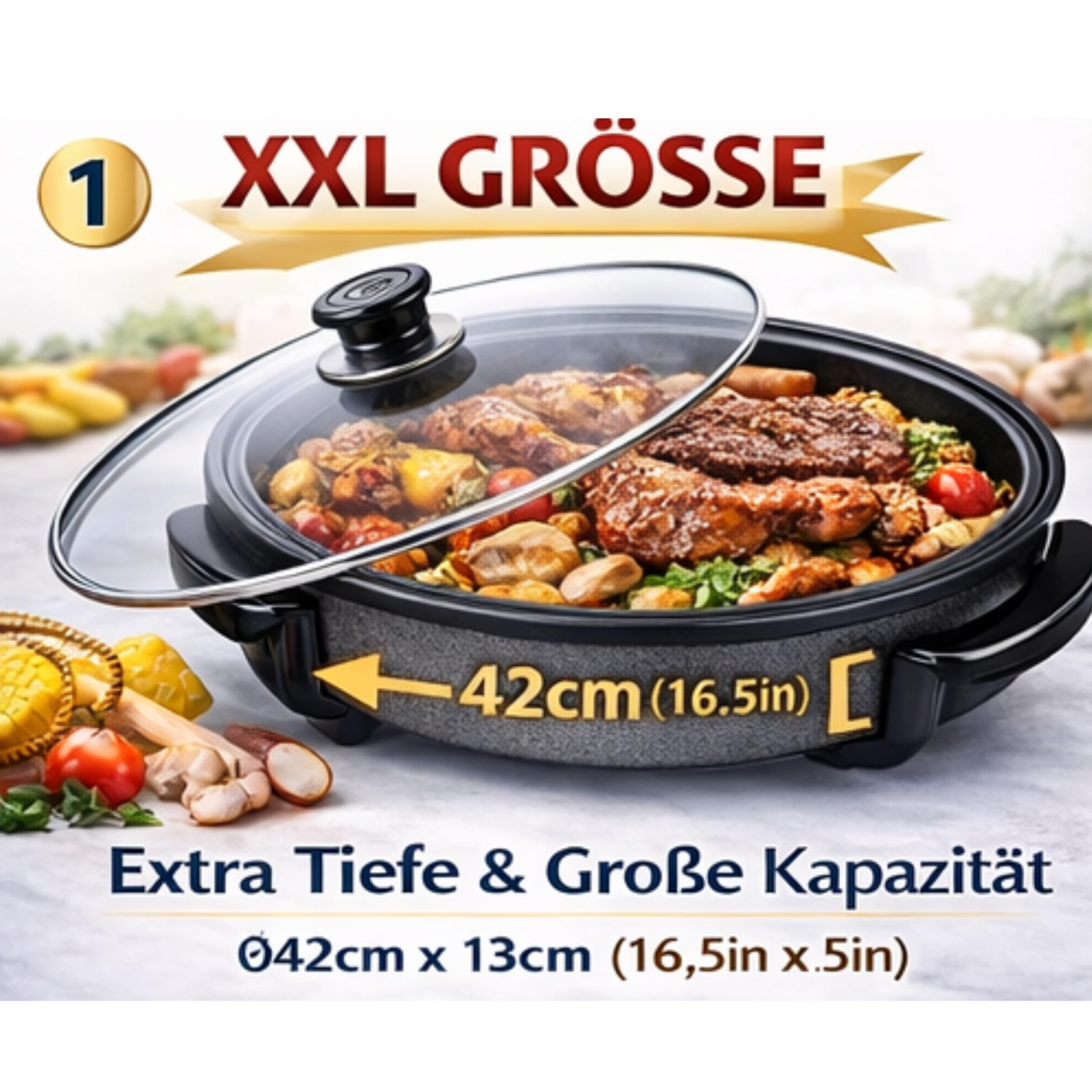 XXL Pizza Pfanne, 42cm Extra Tief, 13cm Höhe, mit Glasdeckel, Elektrische Pizzapfanne (42/13 cm)
