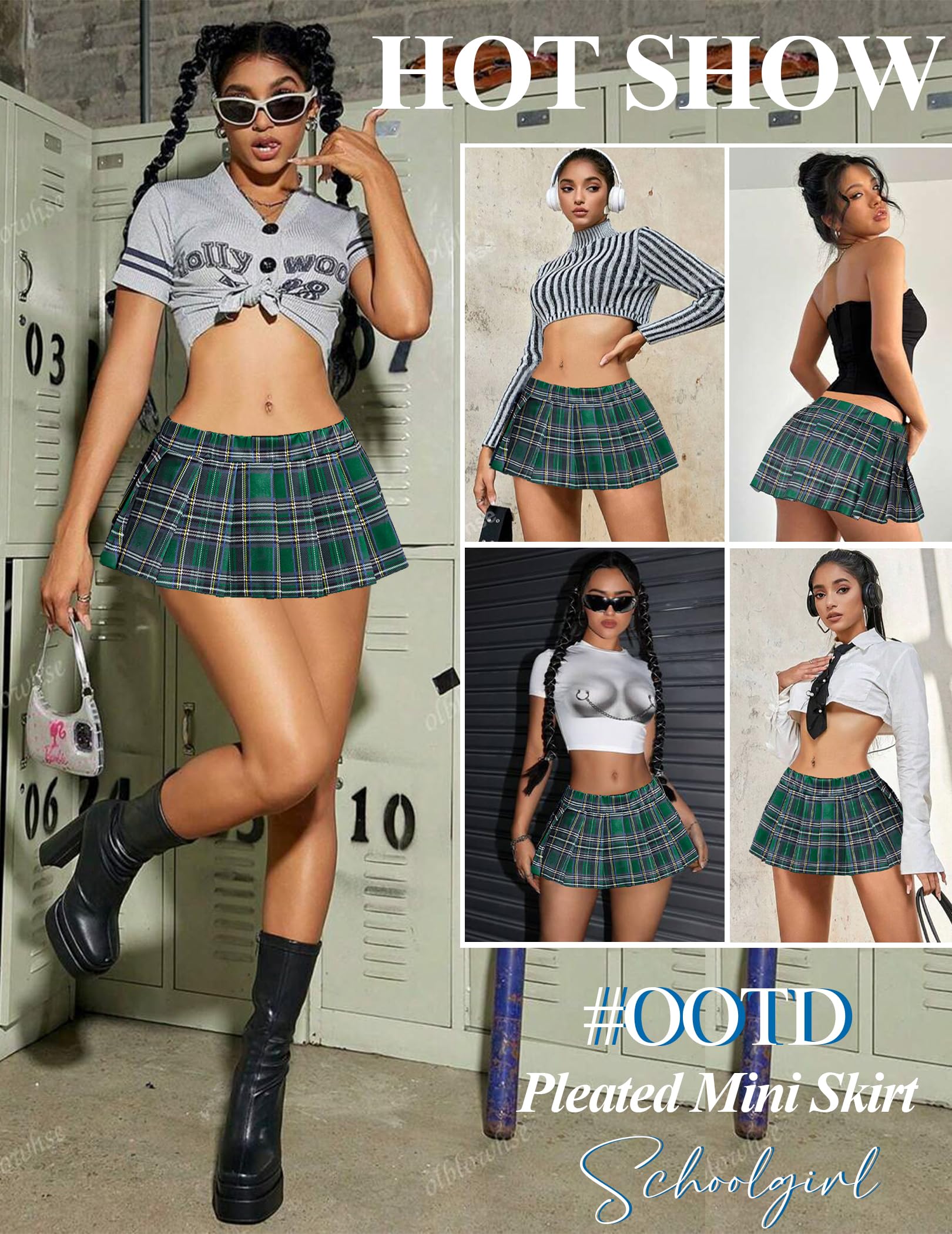 Avidlove Pleated Skirts for Women Y2k Mini Skirt Casual Short Skirts Micro Skirt XS-4XL: Medium Green Plaid