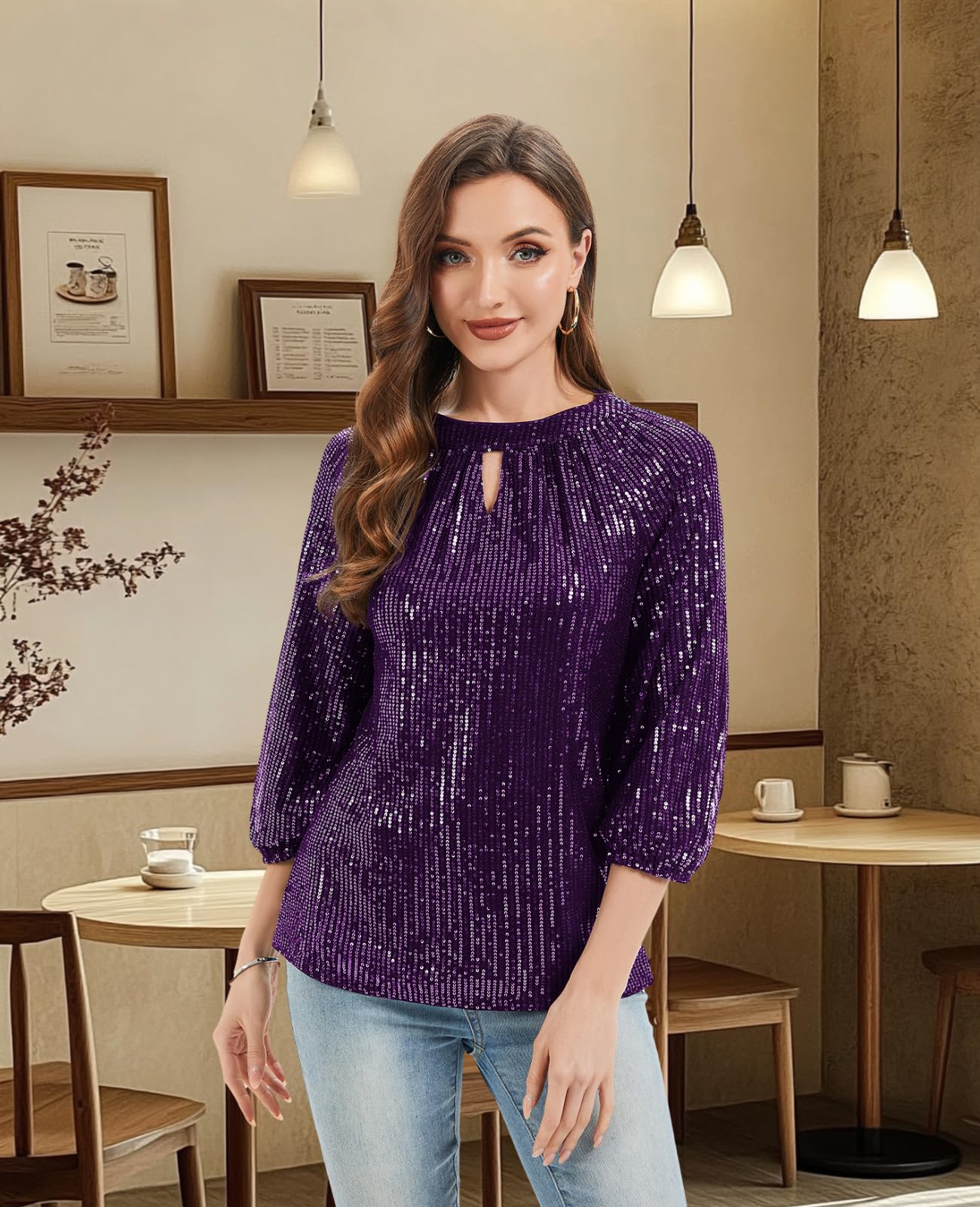 Top scintillante per uscire a 3/4, maglietta a maniche lunghe da donna con buco della serratura camicetta tunica camicetta da sera per feste
