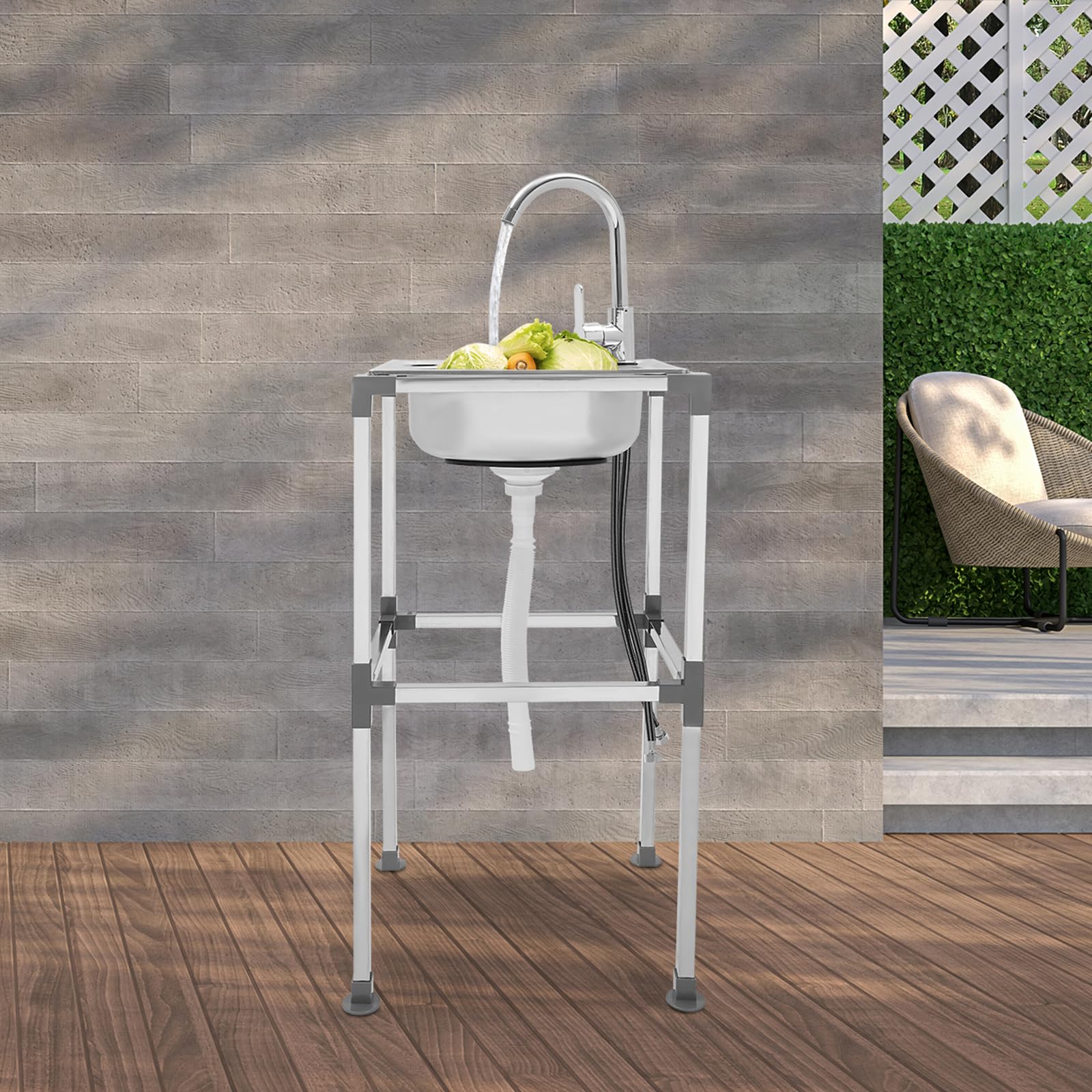 Lavello con base 201, in acciaio inox, autoportante, con rubinetto per acqua calda e fredda, capacità di carico 60 kg, con rubinetto a 360°, lavandino da campeggio (38 x 33 x 75 cm)