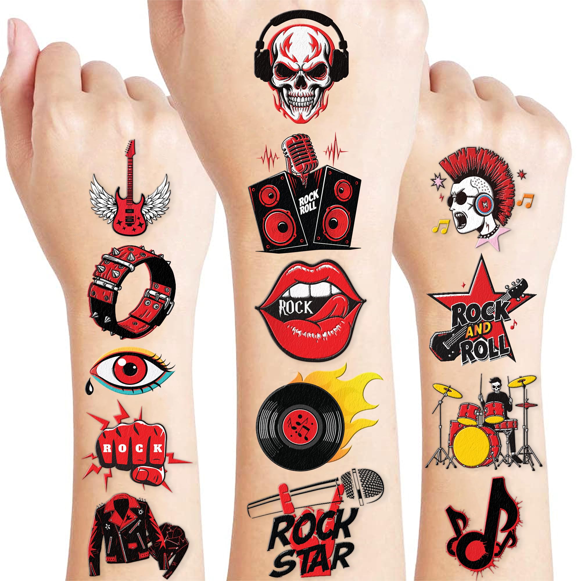 96 PCS Born to Rock and Roll Pre-Cut Temporary Tattoos for Kids | Super Cute Themed Birthday Party Favors, Supplies, Decorations, Music Fake Tattoo