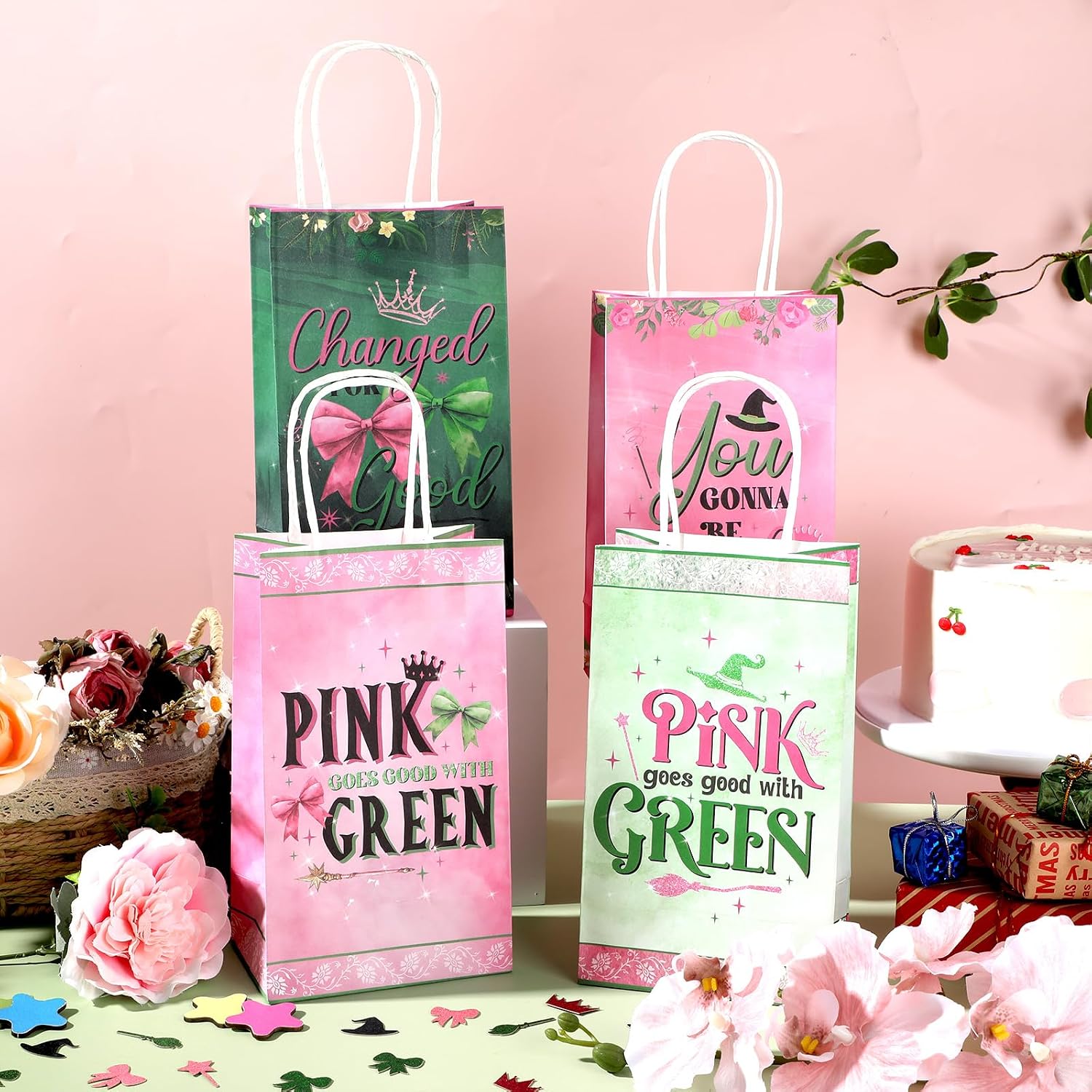 24PCS Pink and Green Birthday Party Favor Gift Bags with Handles Witch Paper Goodie Bags Witch Hat Bow Parties Supplies Witch's Hat Party Decorations for Baby Shower Halloween Princess Themed Birthday image 4