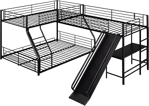 Miniatura 5 de Literas triples de metal con tobogán individual sobre litera baja en forma de L completa con escritorio 3 camas litera de esquina para tres niños