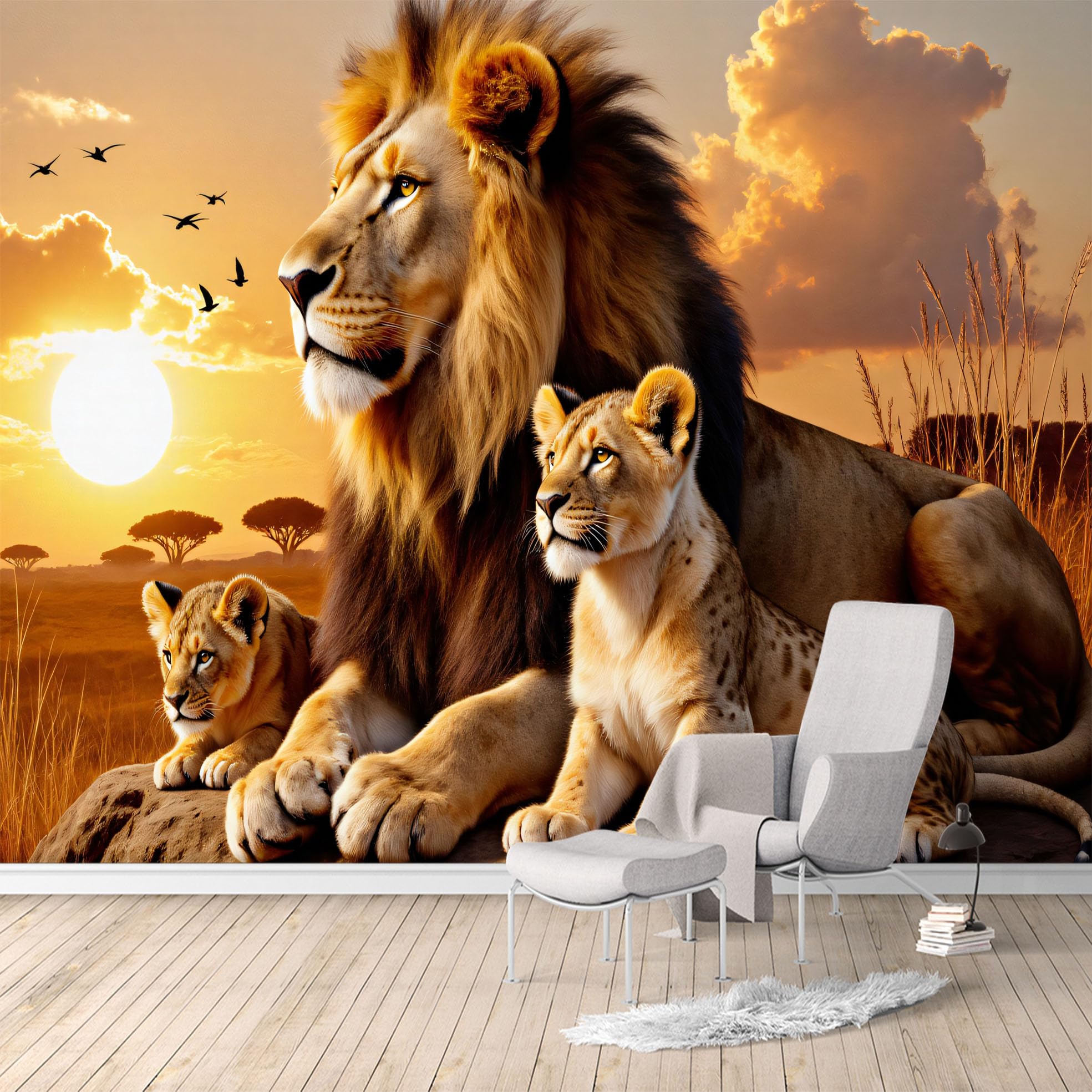 Custom Size Wall Murals,Majestic Lion Family Sunset Savannah Landscape,SelfAdhesive Water Activated Removable Wall Covering,Large Photo Wallpaper for Living Room Bedroom Office