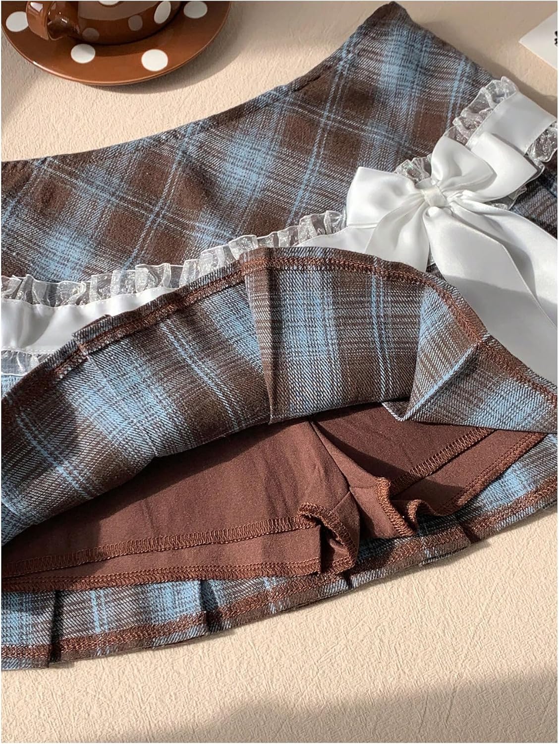 MakeMeChic Women's Plaid Lace Pleated Mini Skirt Y2k Stain Bow Low Rise Cute Short Skirts