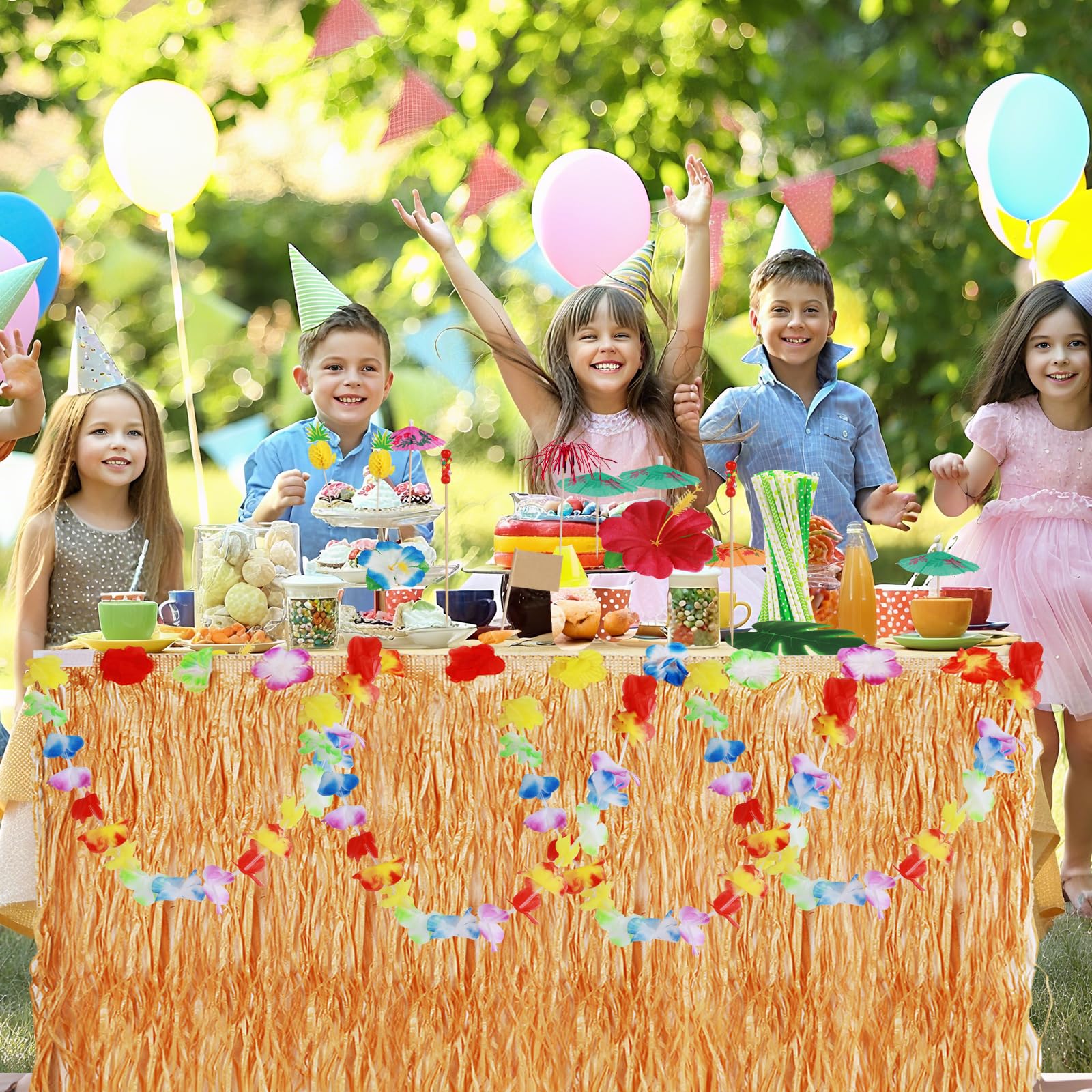 199 Stück Hawaii Party Dekoration Set, Tropische Party Dekoration Set, Hawaii Luau Tischröcke, Hawaii Deko, Banner, Blüten, Künstliche Palmenblätte für Hawaii Party Deko Beach Tropischen Garten Party