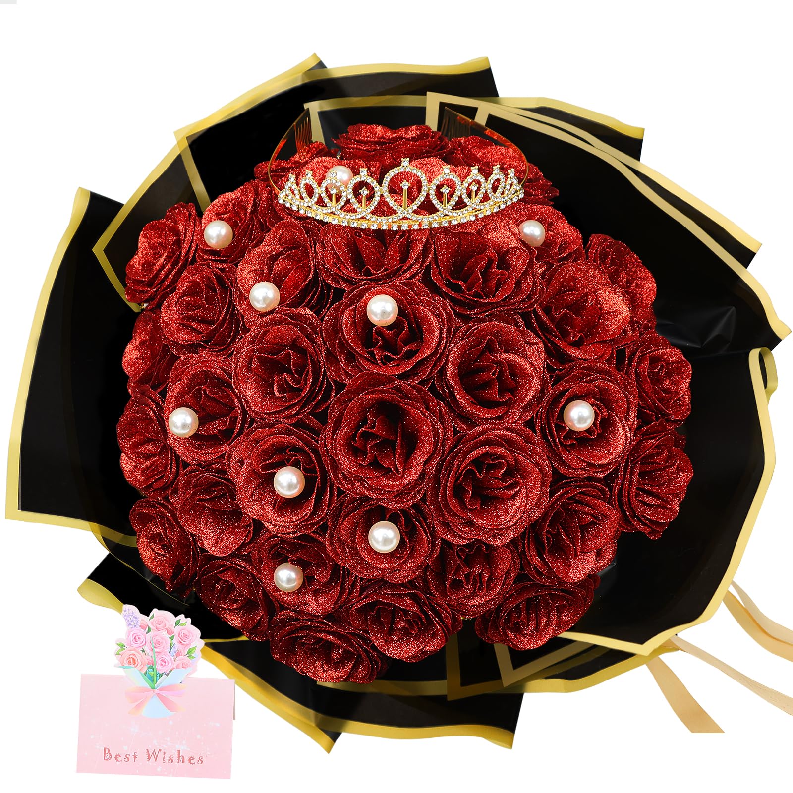 Artificial Glitter Roses Bouquet - 36 Pack DIY Glitter Bouquet Kit Fake Shiny Rose with Stem Eternal Floral Bouquet for Graduation Wedding Anniversary