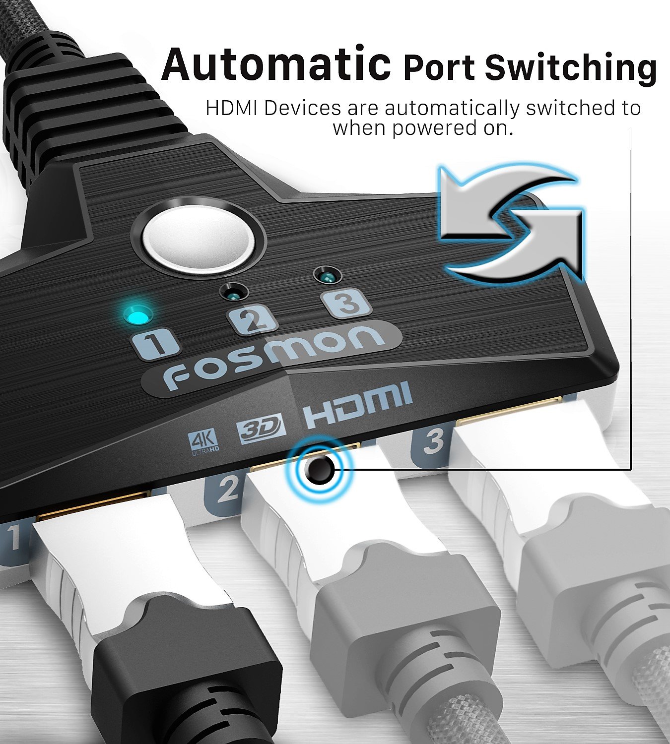 Fosmon Commutateur HDMI 2.0 Automatique 4K 60Hz 3-Port, Switch HDMI Auto Switcher Répartiteur UHD HDR 3D Full HD 1080p HDCP 2.2, 3 Entrées 1 Sortie HDMI Splitter Sélecteur pour PS4 Xbox Roku Apple TV