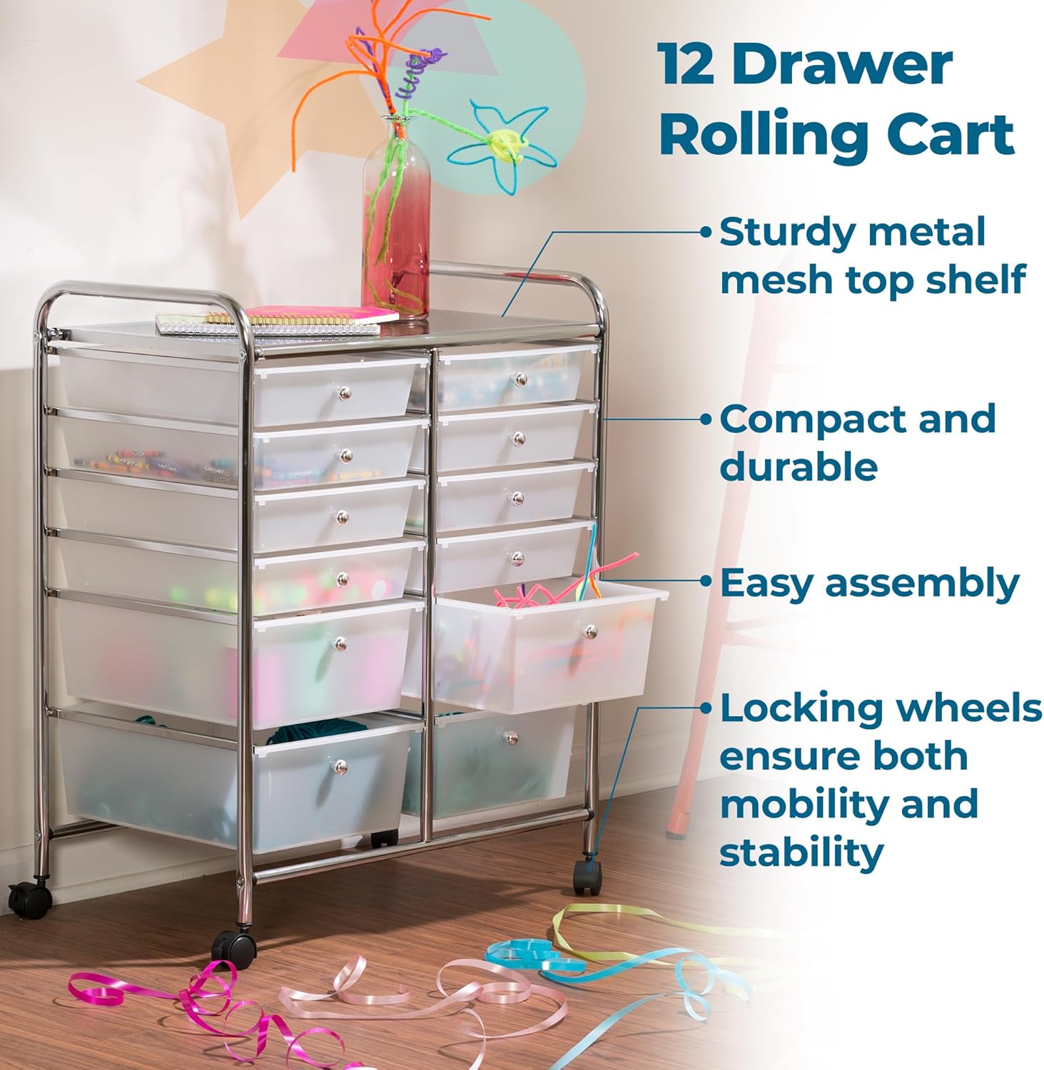 Honey-Can-Do Rolling Storage Cart and Organizer with 12 Plastic Drawers - Image 9