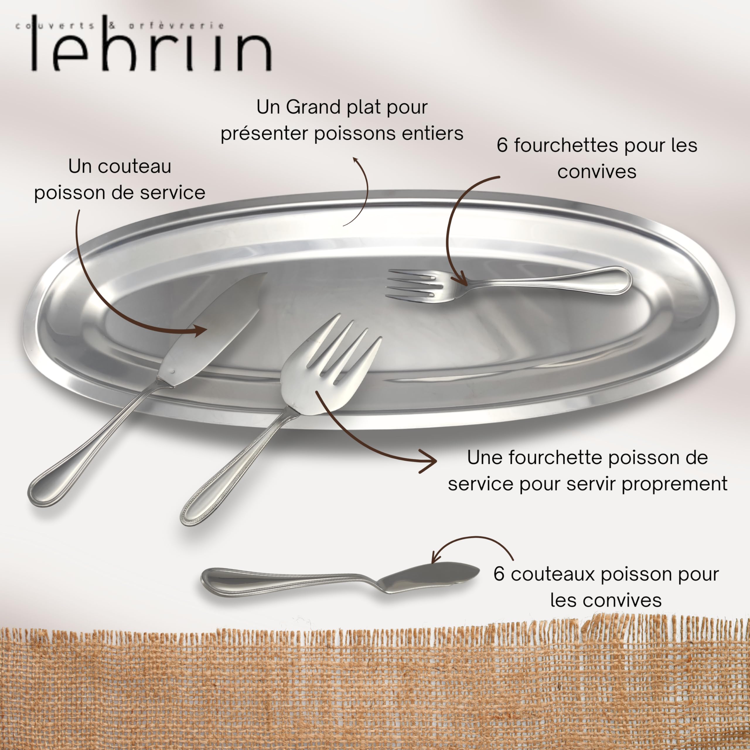 Lebrun Couverts Coffret Poisson MOZART 15 Pièces en Acier Inoxydable – 1 Plat de Service + Couverts Poisson Assortis – Service Élégant pour Poisson, Filets & Fruits de Mer