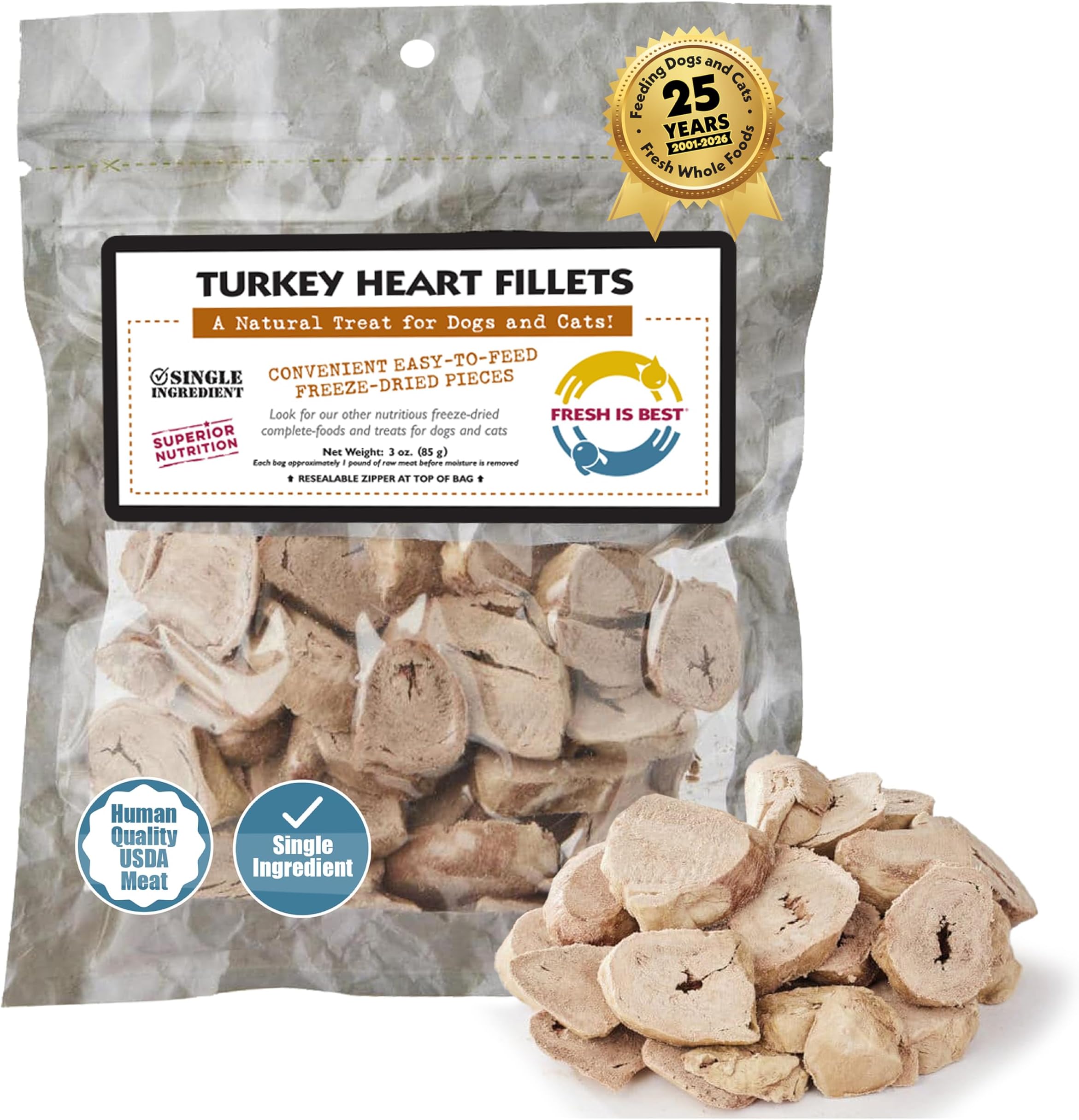 Fresh Is Best - Freeze Dried Healthy Raw Meat Treats for Dogs & Cats - Turkey Heart Fillets
